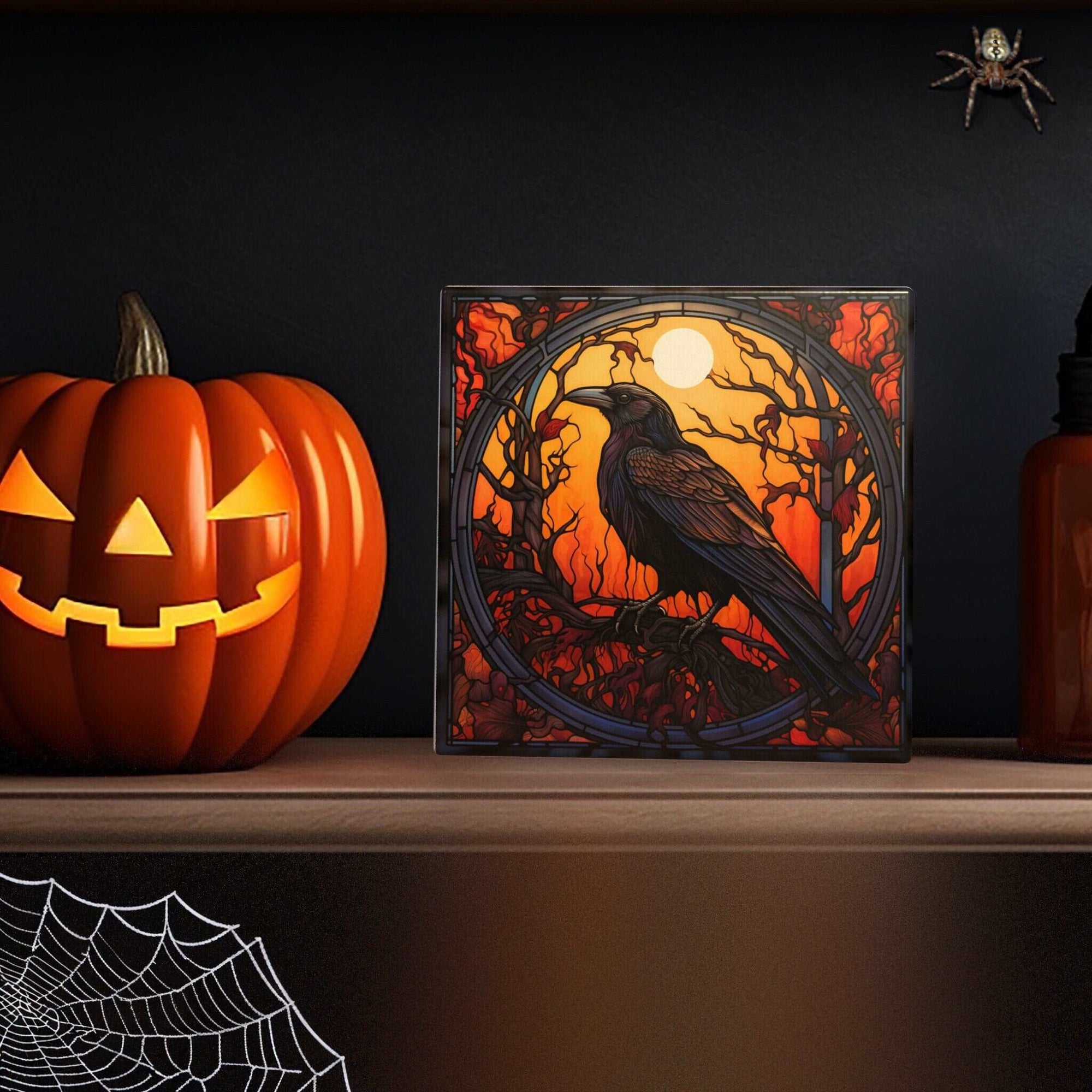 Peeping Tom's Cottage Custom Printed Tile Mystic Twilight - Raven Stained Glass Art Tile for Enigmatic and Bold Home Decor