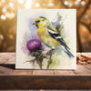 Peeping Tom's Cottage Custom Printed Tile Nature's Harmony - Watercolor Goldfinch and Thistle Art Tile for Bird Lovers' Decor
