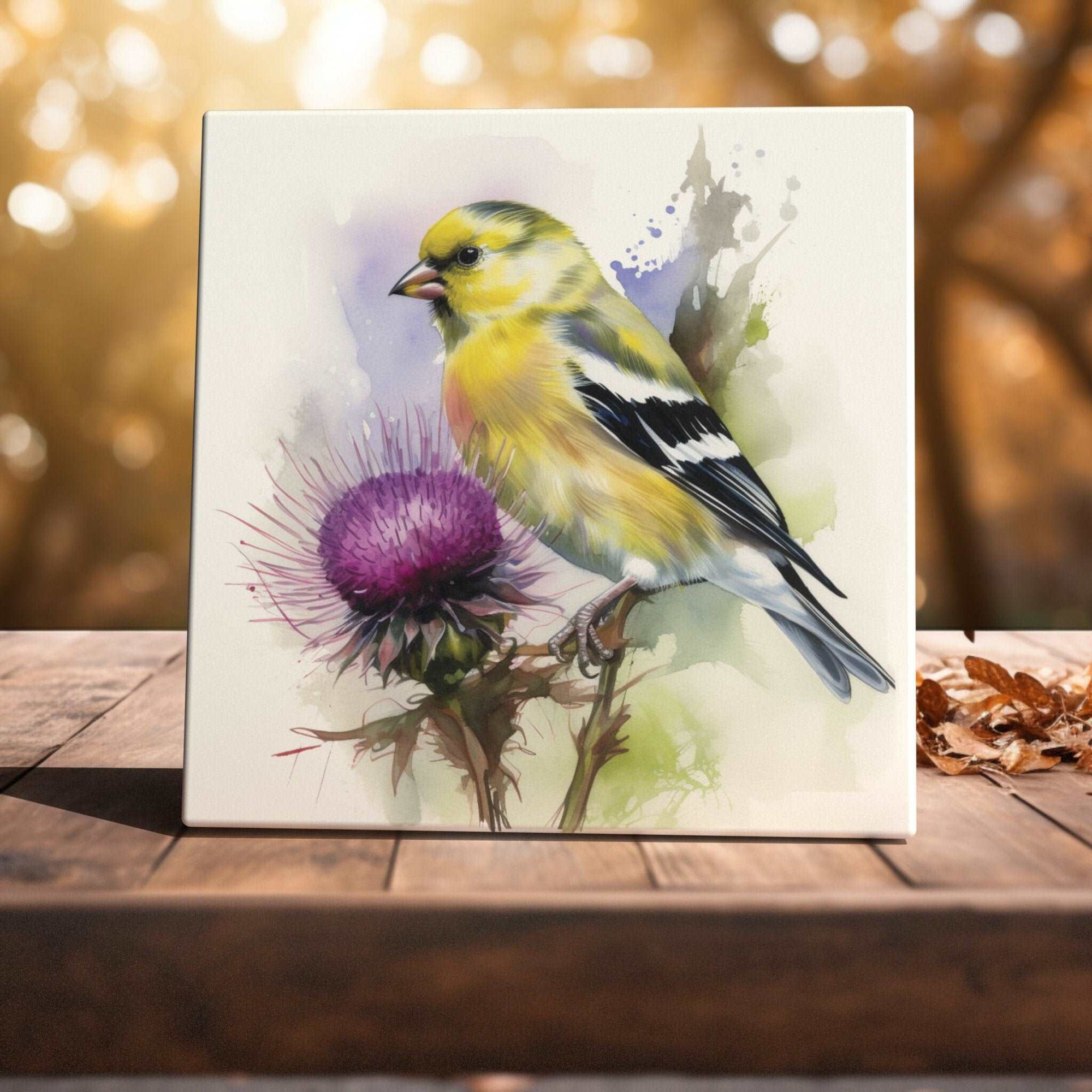 Peeping Tom's Cottage Custom Printed Tile Nature's Harmony - Watercolor Goldfinch and Thistle Art Tile for Bird Lovers' Decor