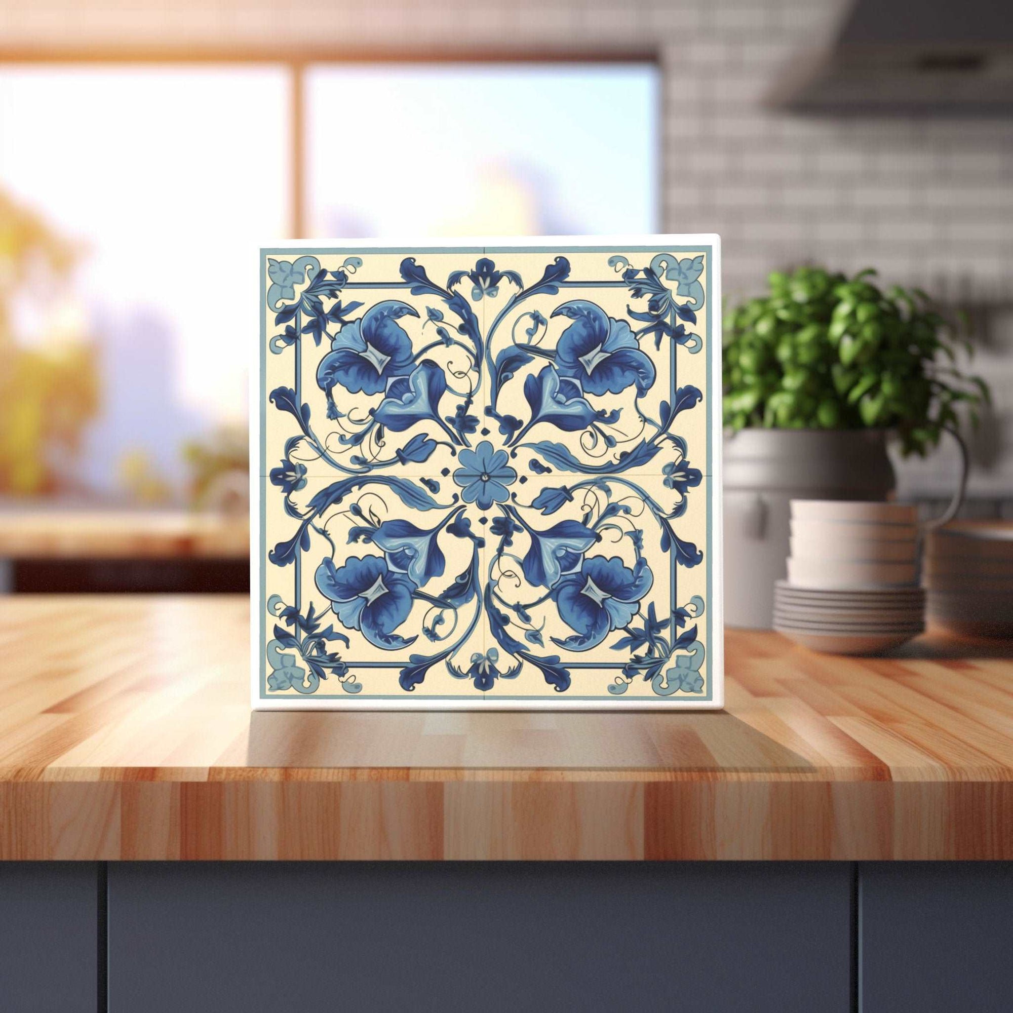Peeping Tom's Cottage Custom Printed Tile Old World Charm Blue Bloom Tile - Artisanal Home Styling