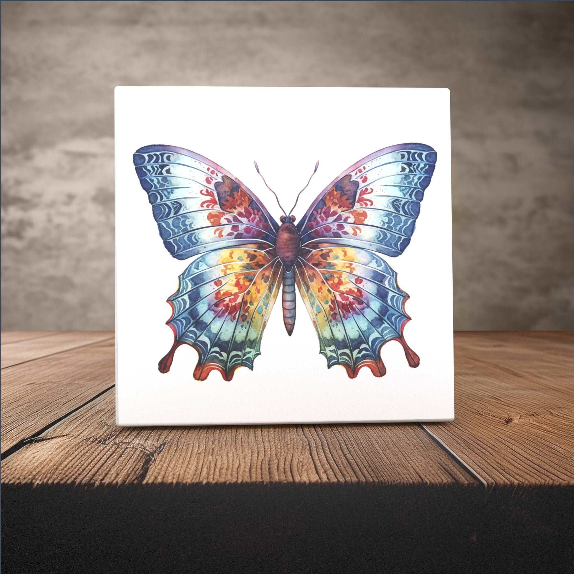 Peeping Tom's Cottage Custom Printed Tile Ornate Blue Patterned Butterfly Watercolor - Artistic Ceramic Tile for Home and Office Decor