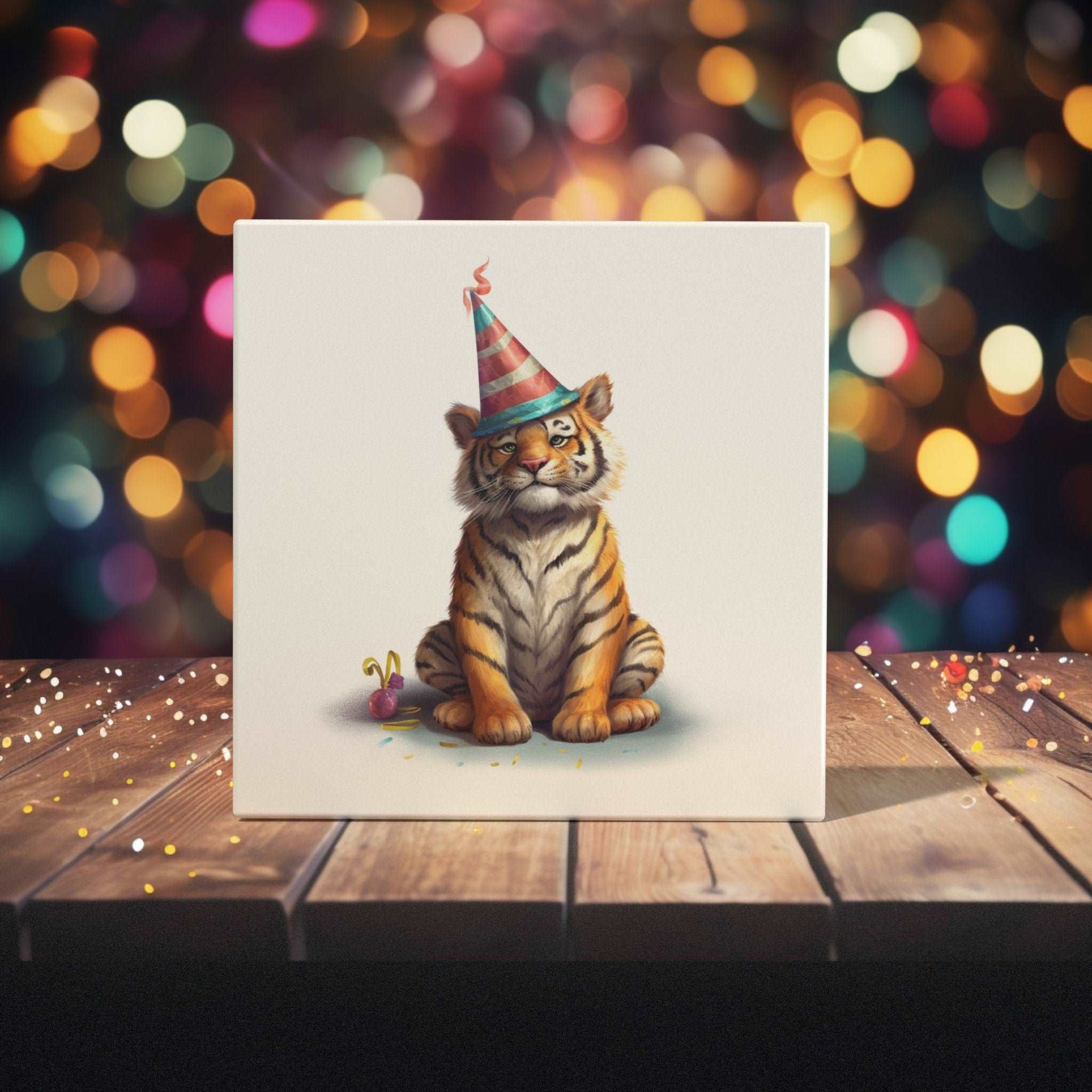 Peeping Tom's Cottage Custom Printed Tile Party Animal: Hand-Painted Celebratory Tiger with Party Hat Art Tile for Playful Home Decor