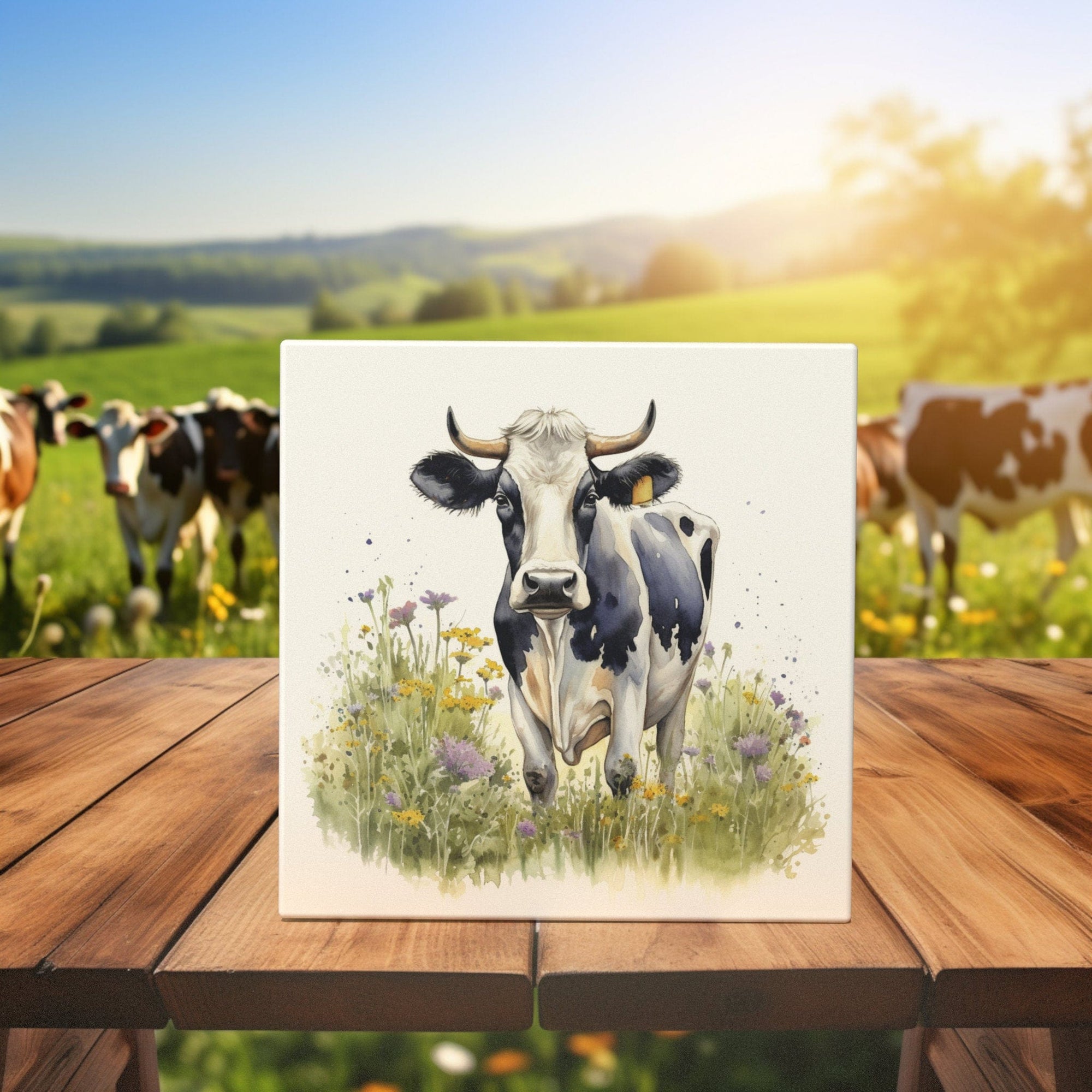 Peeping Tom's Cottage Custom Printed Tile Pastoral Elegance - Rustic Hand-Painted Cow in Meadow Tile Art for Home Decor