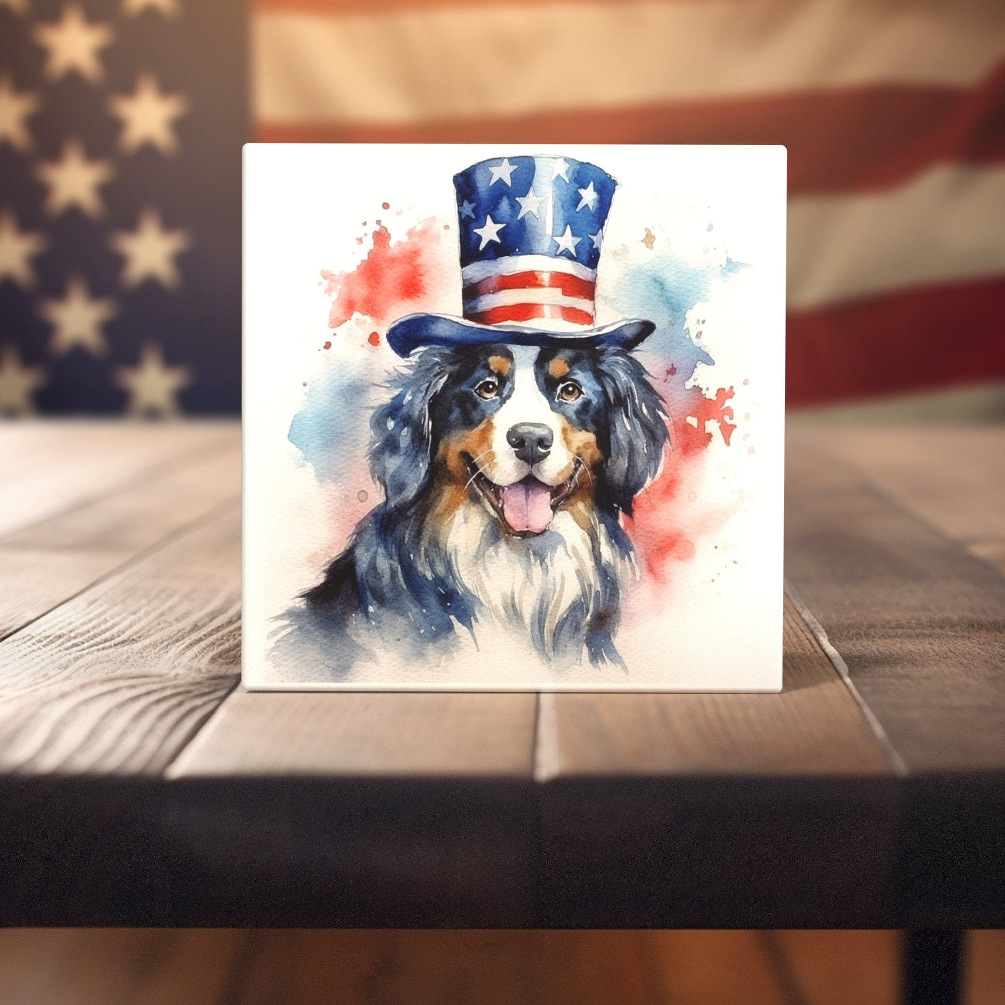 Peeping Tom's Cottage Custom Printed Tile Patriotic Bernese Mountain Dog Art Tile - Uncle Sam Hat Watercolor for Festive Home Decor