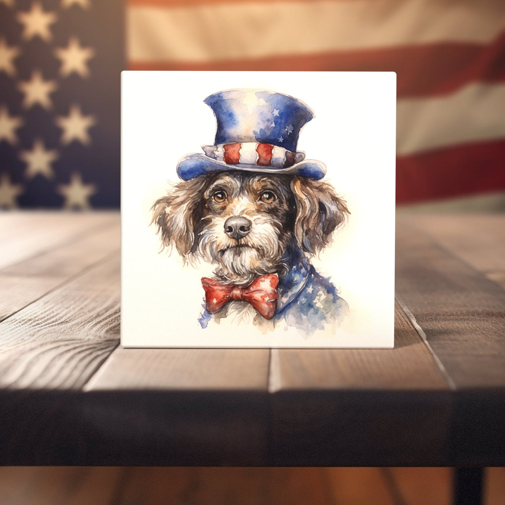 Peeping Tom's Cottage Custom Printed Tile Patriotic Pooch Portraiture - Uncle Sam Inspired Canine Watercolor Art Tile