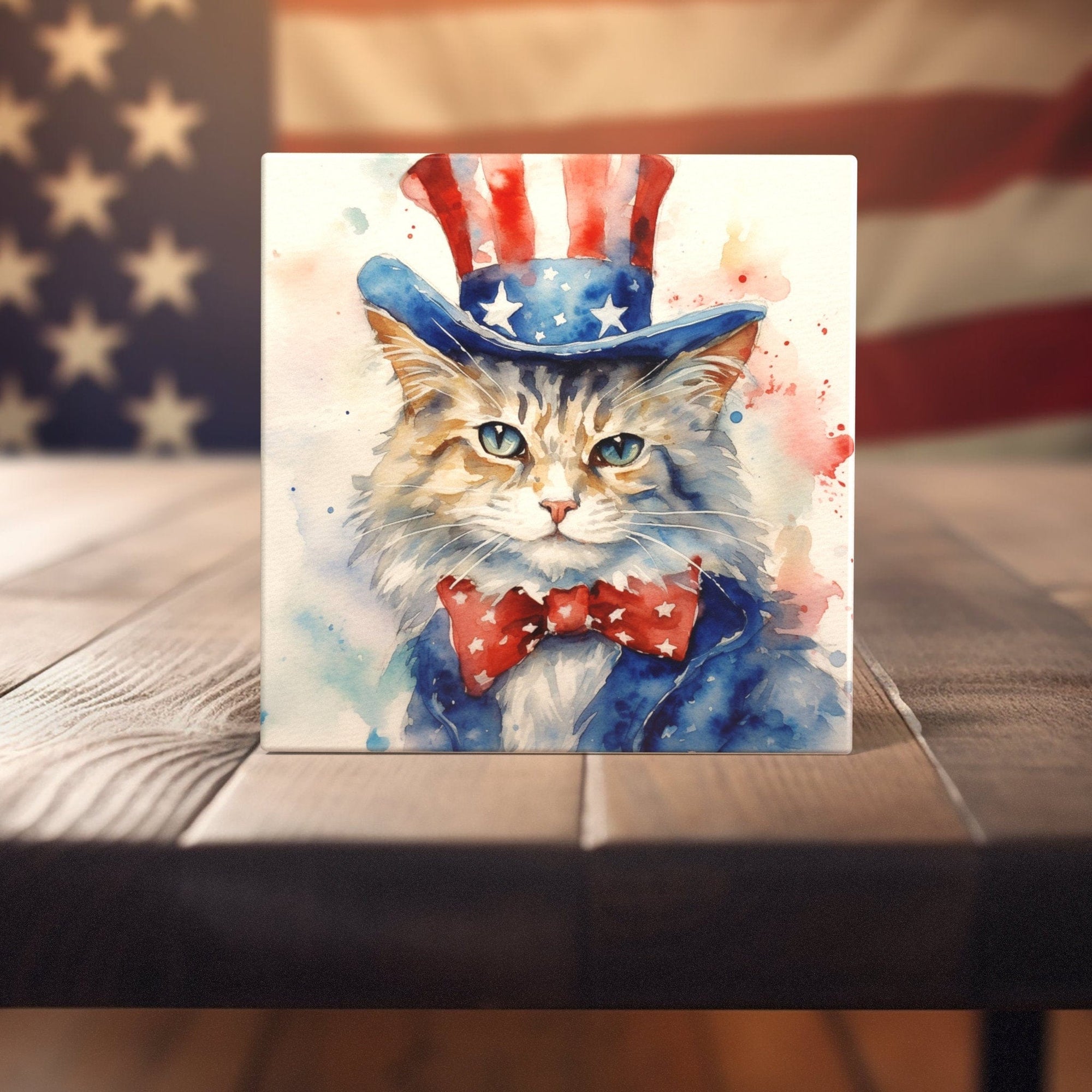 Peeping Tom's Cottage Custom Printed Tile Patriotic Purr - Uncle Sam Inspired Cat Watercolor Art Tile for Americana Decor