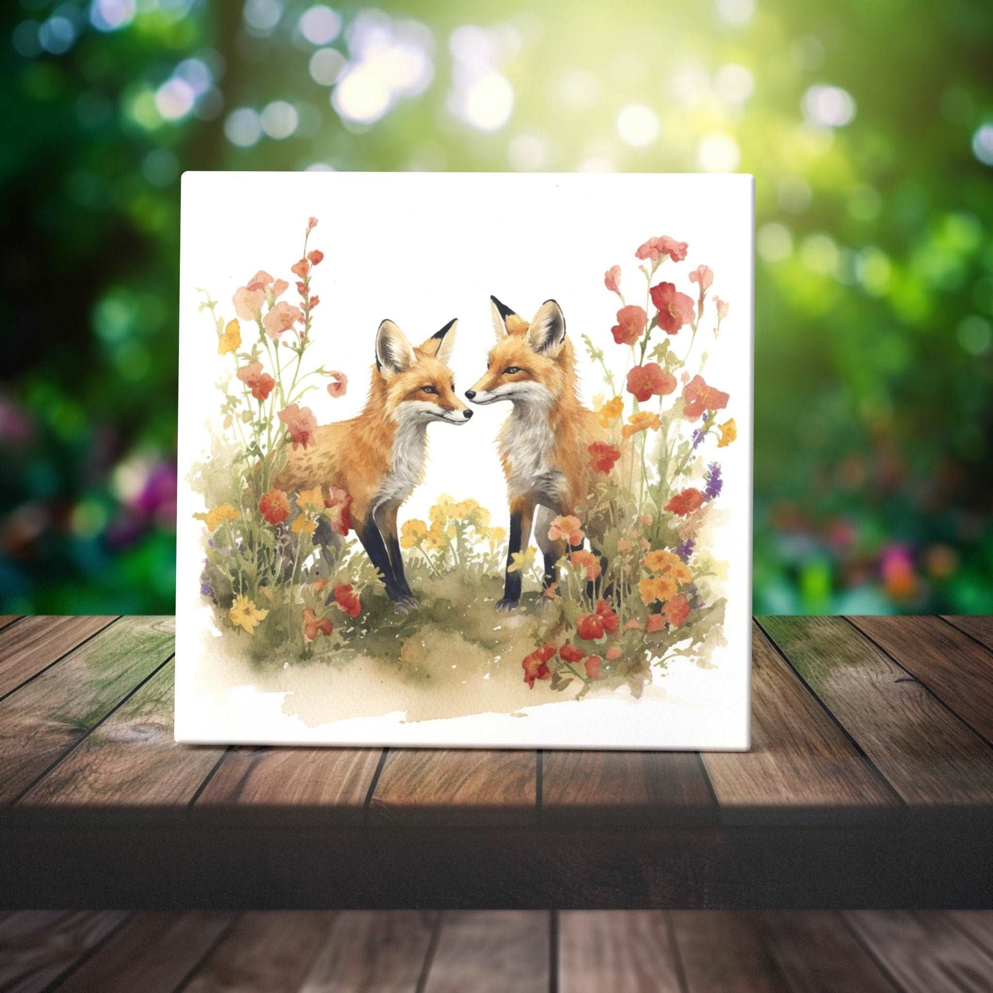 Peeping Tom's Cottage Custom Printed Tile Playful Fox Pair Watercolor Tile - Whimsical Room Decor