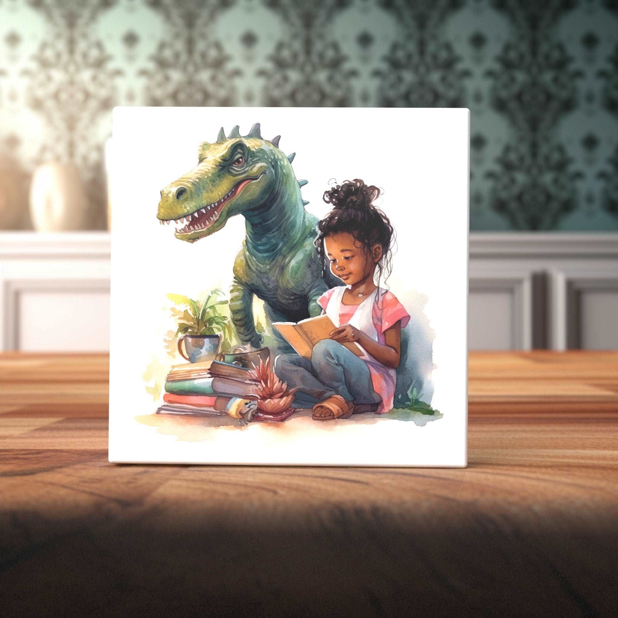 Peeping Tom's Cottage Custom Printed Tile Prehistoric Pals Storytime - Young Reader with Dinosaur Companion Art Tile