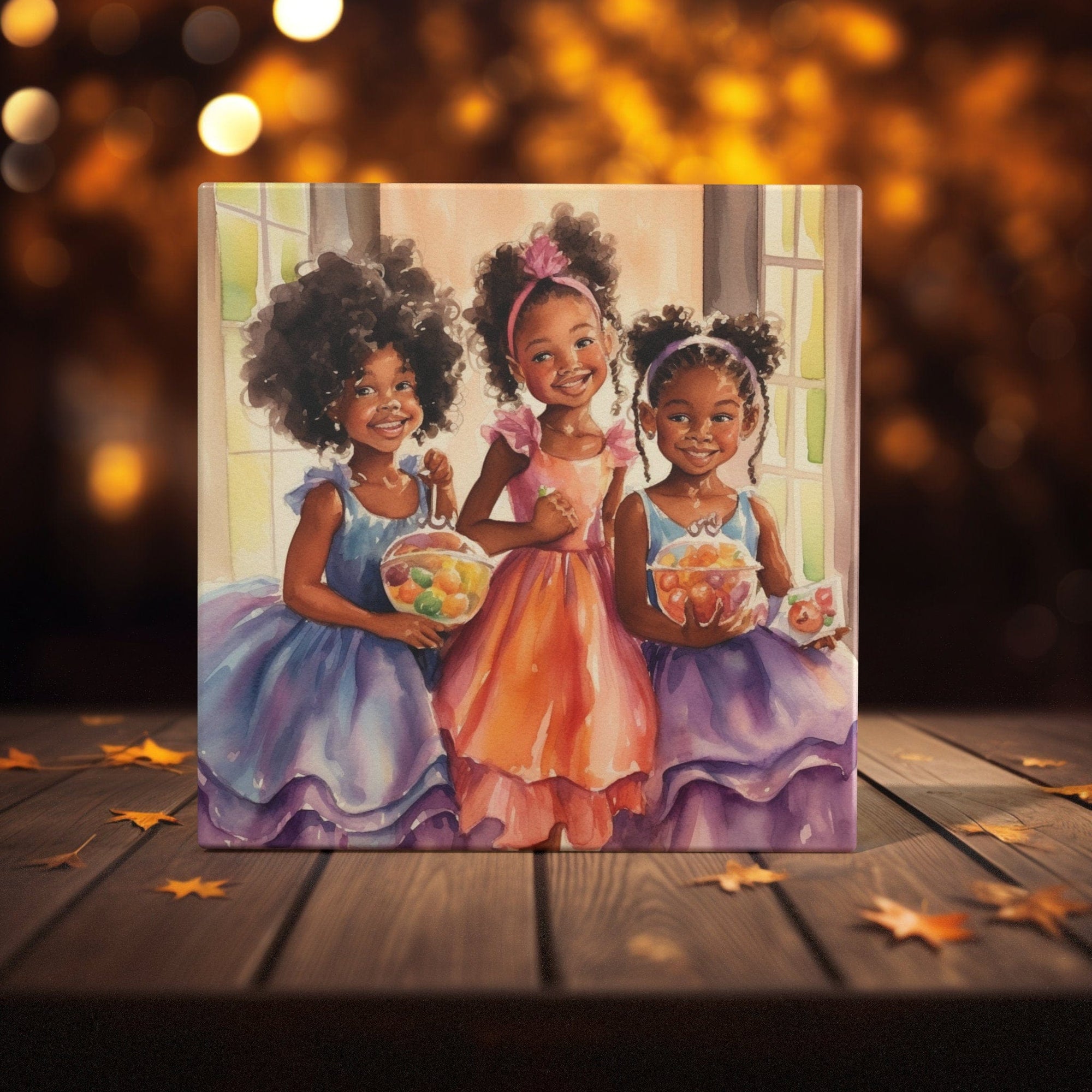 Peeping Tom's Cottage Custom Printed Tile Princess Party Bliss: Watercolor Art Tile of Three Young Girls in Ball Gowns for Whimsical Home Decor