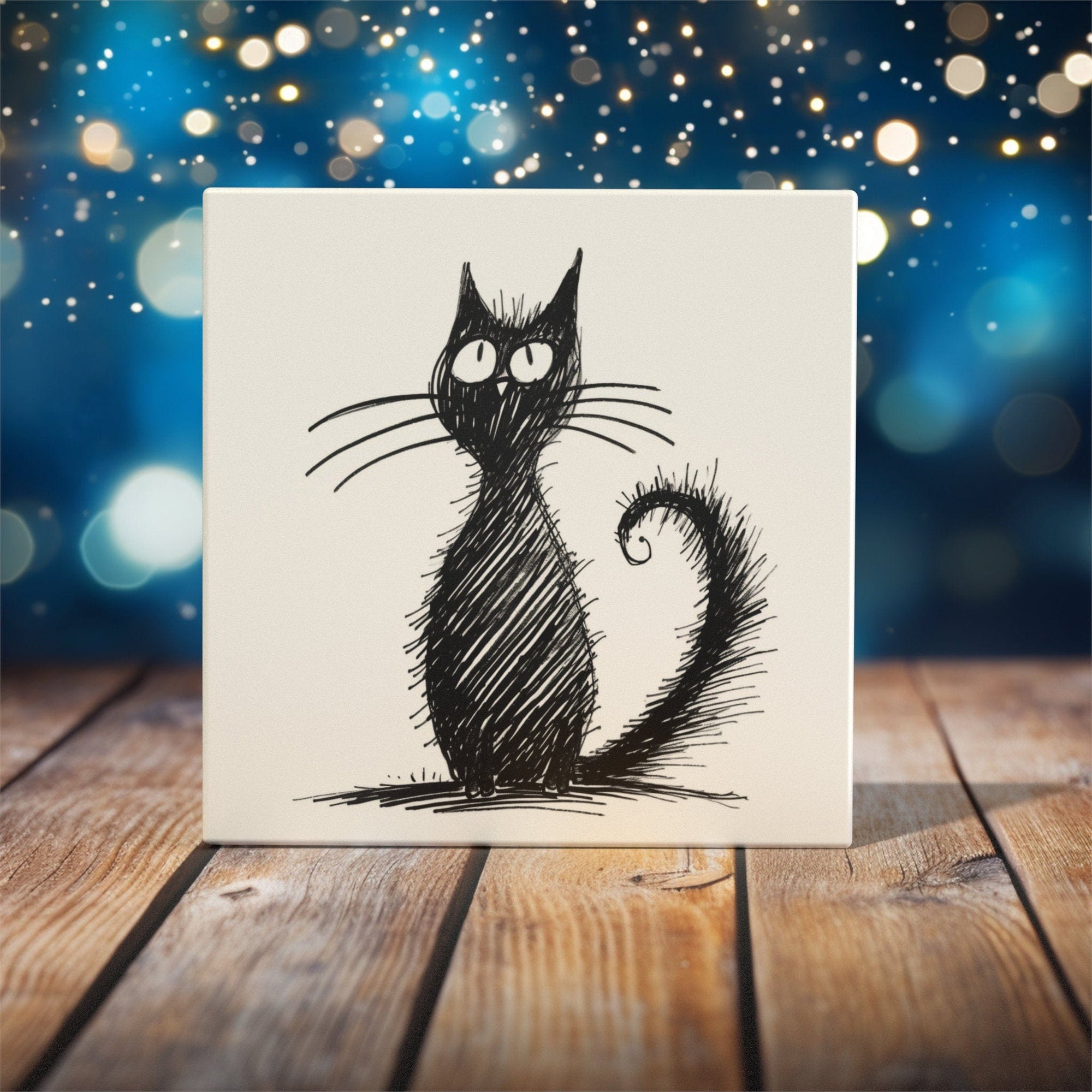 Peeping Tom's Cottage Custom Printed Tile Quirky Black Cat Sketch Art Tile - Whimsical Monochrome Feline Illustration for Home Decor