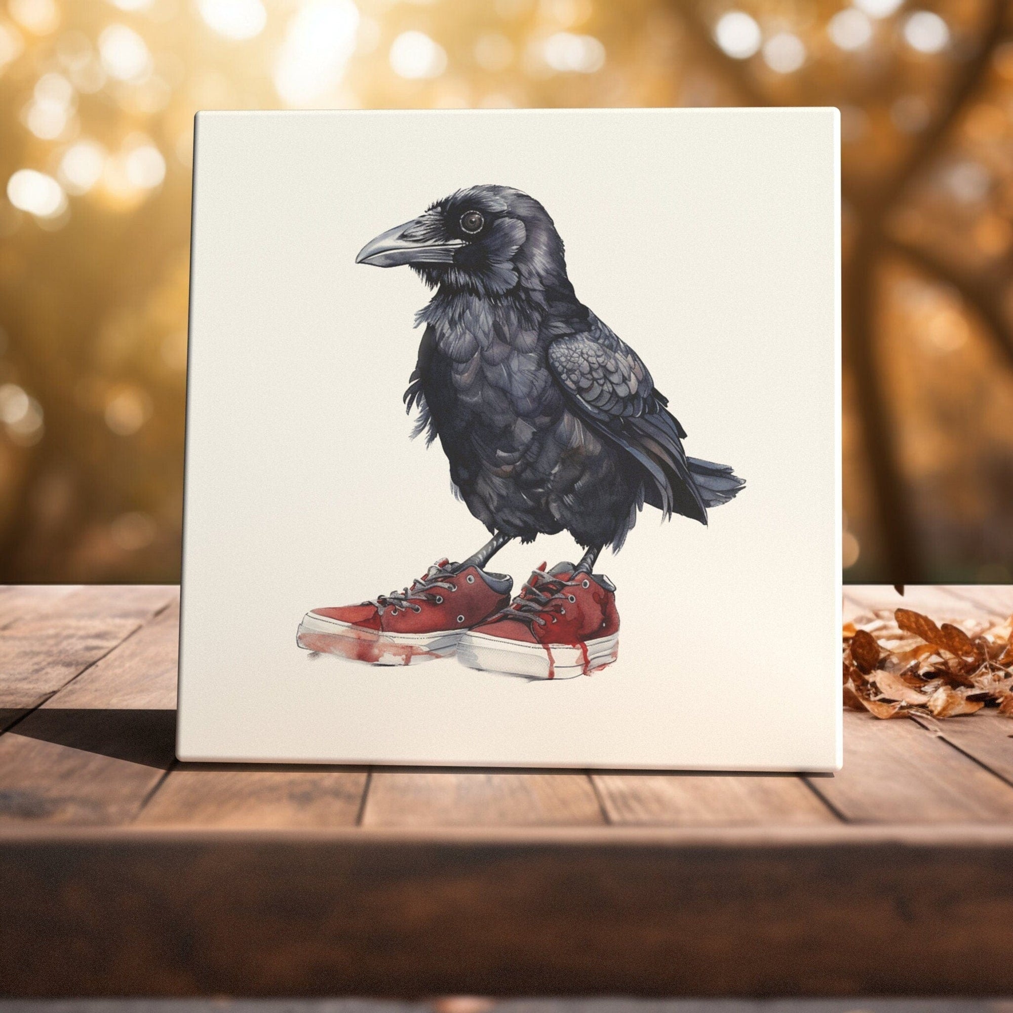 Peeping Tom's Cottage Custom Printed Tile Quirky Raven in Red Sneakers Illustration - Unique Ceramic Tile Art for Modern Home Decor