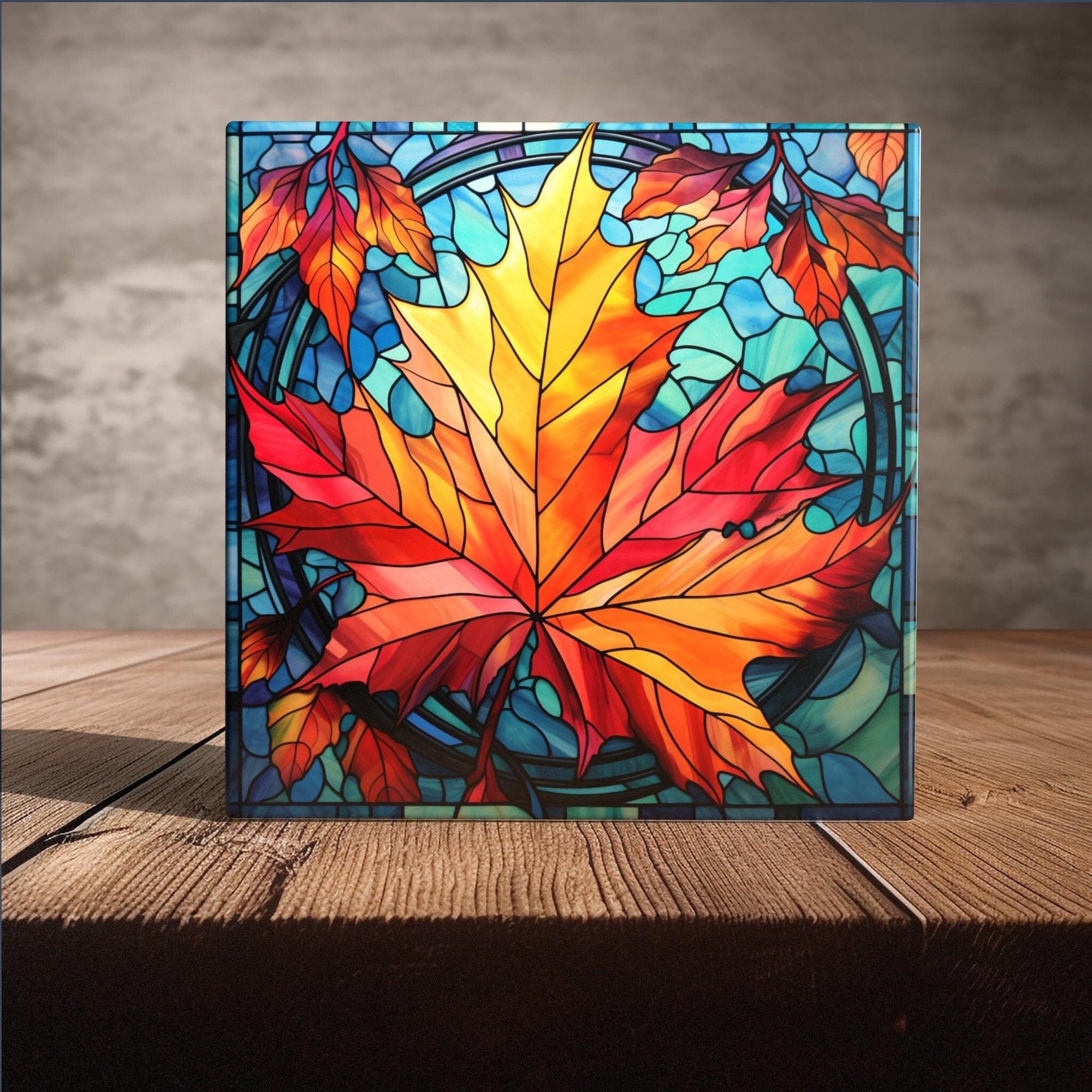 Peeping Tom's Cottage Custom Printed Tile Radiant Foliage: Luxurious Large Maple Leaf Stained Glass Tiles for Distinctive Home Decor