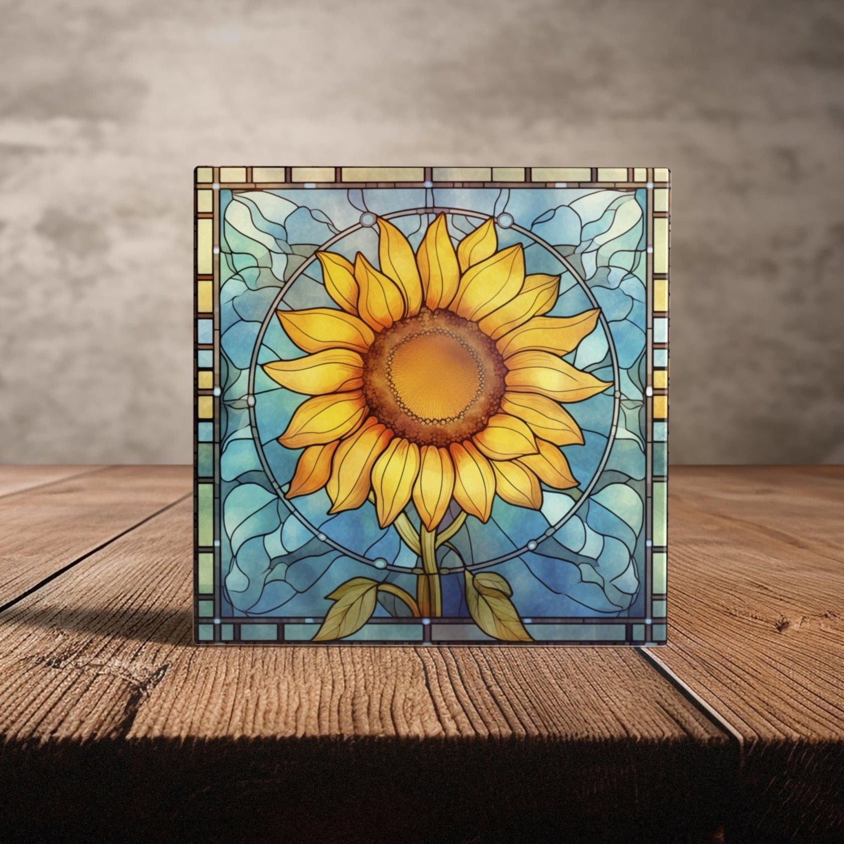 Peeping Tom's Cottage Custom Printed Tile Radiant Sunflower Stained Glass Art - Vibrant Bloom Ceramic Tile for Lively Home Accent