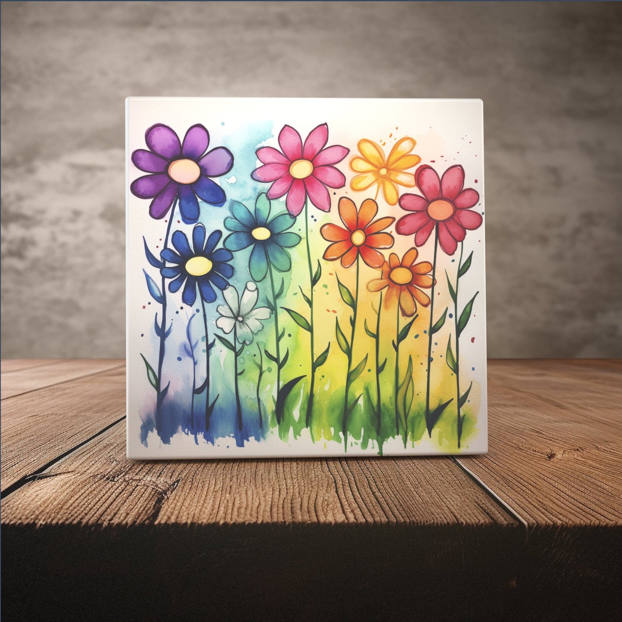 Peeping Tom's Cottage Custom Printed Tile Rainbow Florals: Hand-Painted Watercolor Flower Art Tile for Vibrant and Cheerful Home Decor