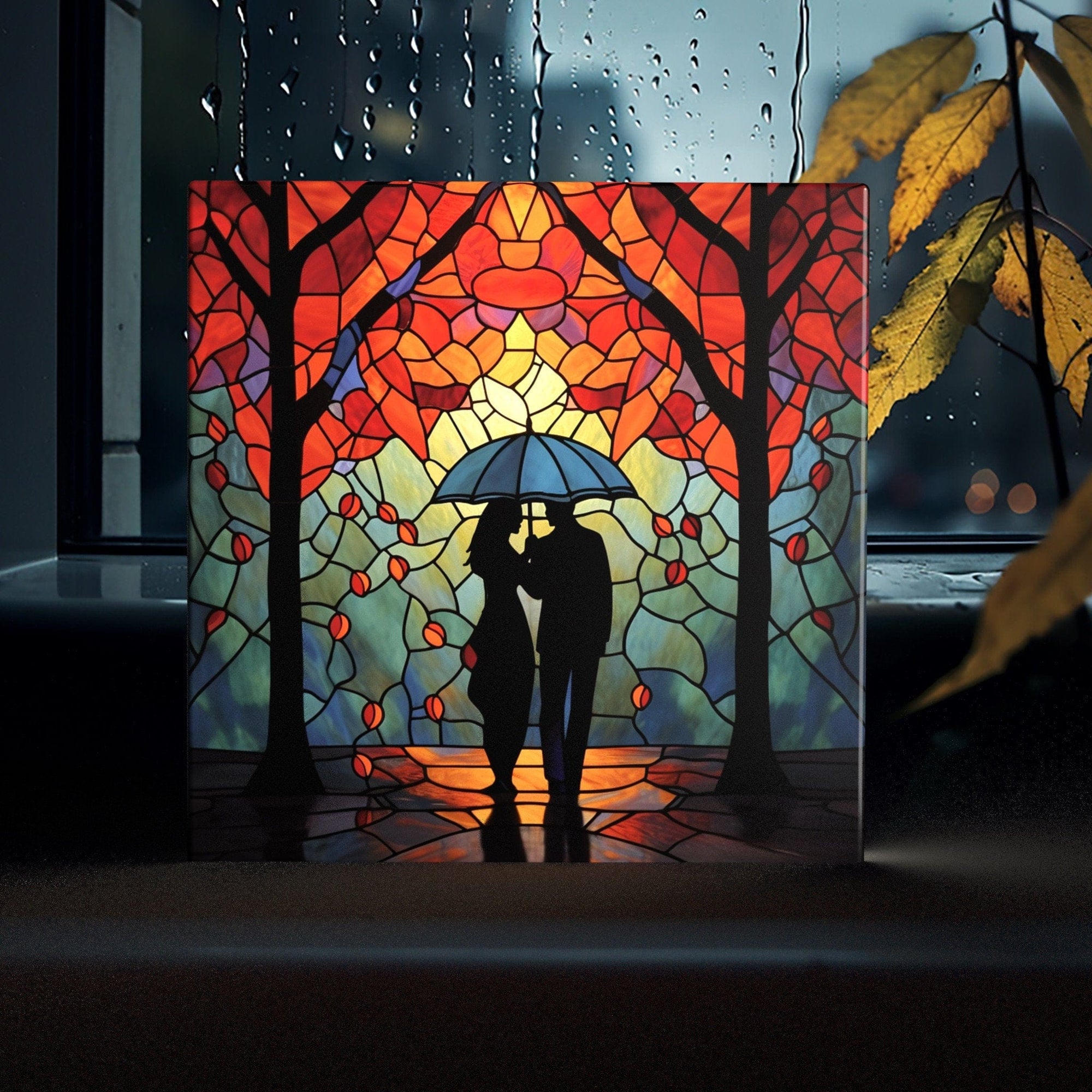 Peeping Tom's Cottage Custom Printed Tile Romantic Twilight Stroll - Stained Glass Style Artistic Tile for Intimate Home Decor