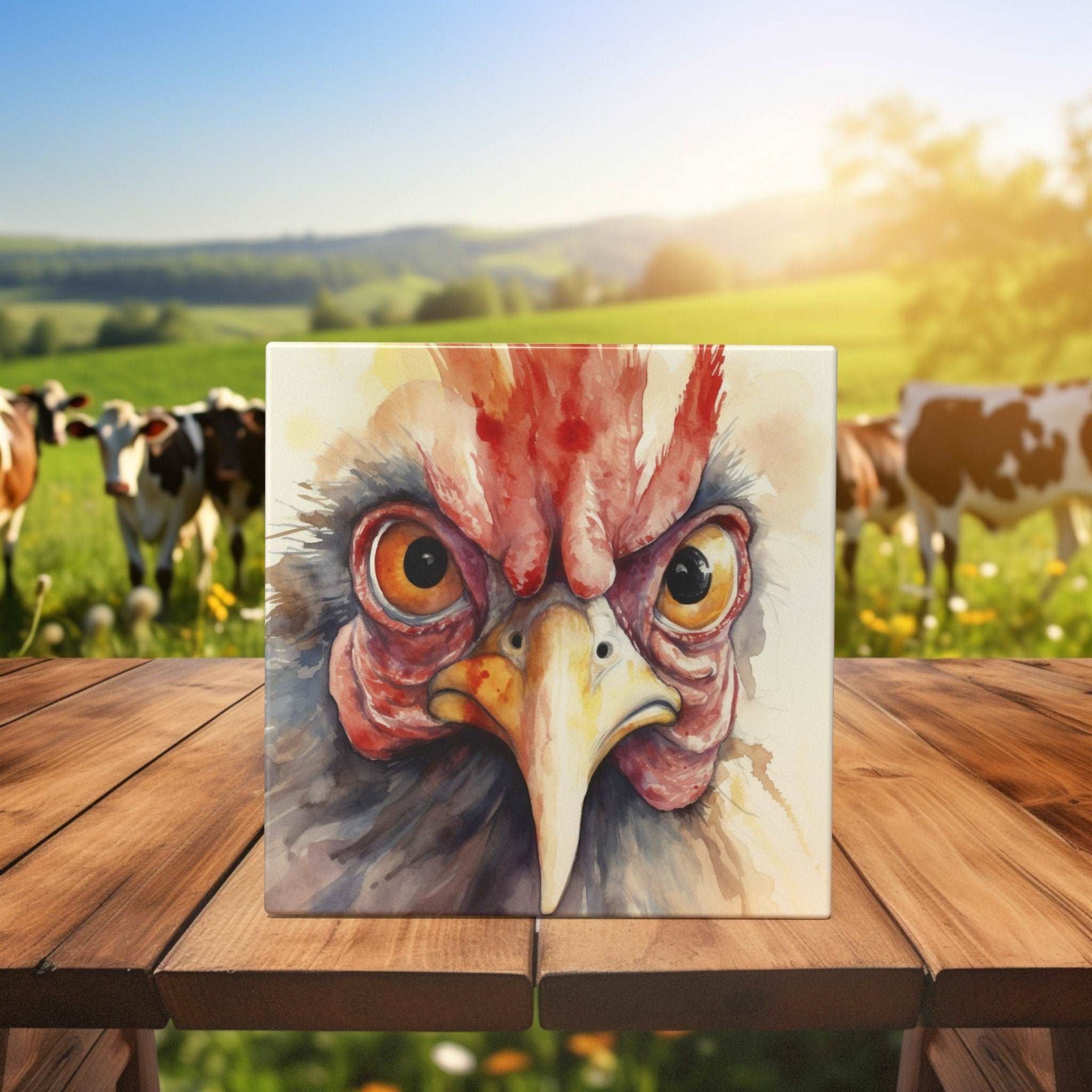 Peeping Tom's Cottage Custom Printed Tile Rustic Rooster Watercolor Decor Tile - Bold Home And Farm Decor Statement Piece