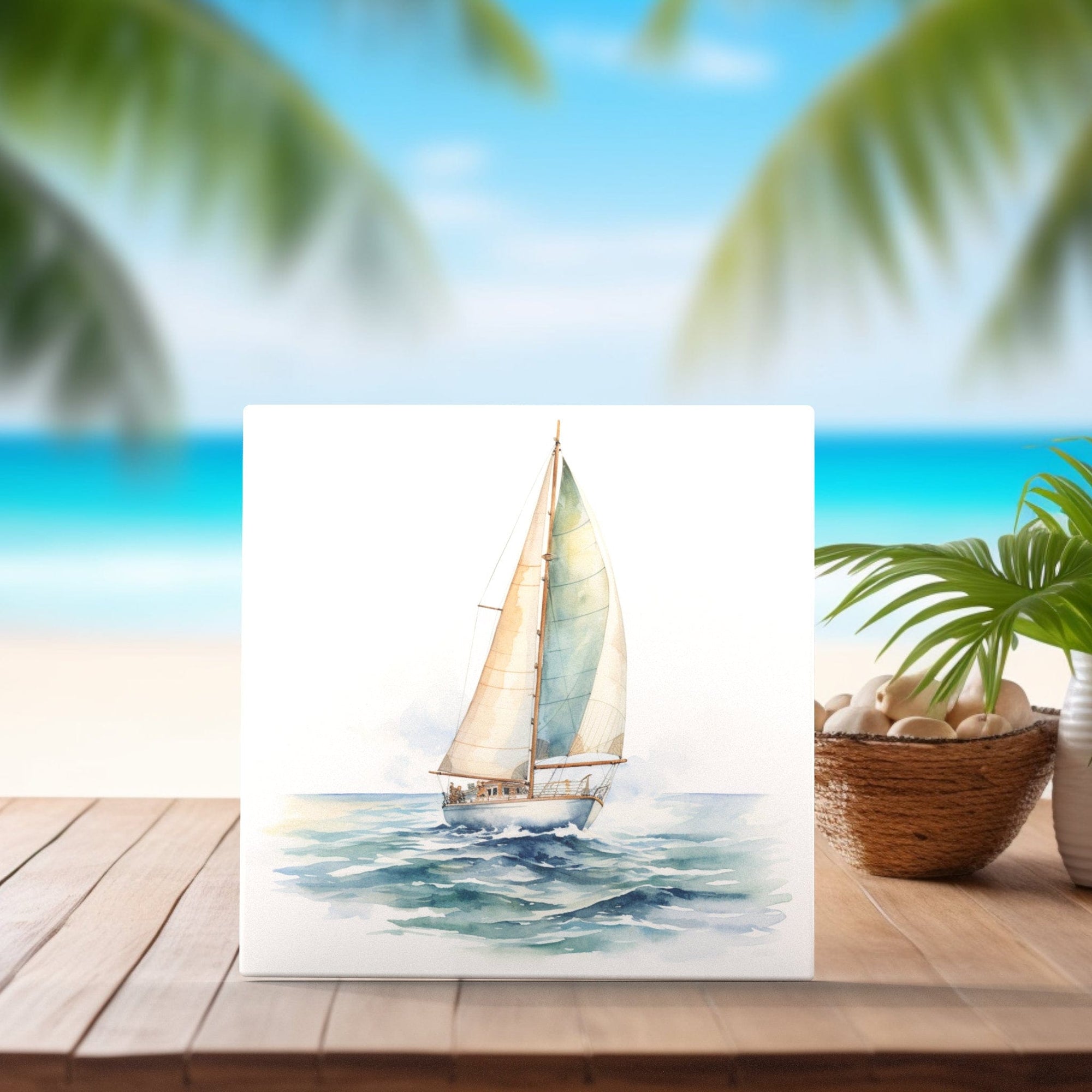 Peeping Tom's Cottage Custom Printed Tile Seaside Serenity: Handcrafted Nautical Sailboat Artistic Tile for Home Decor