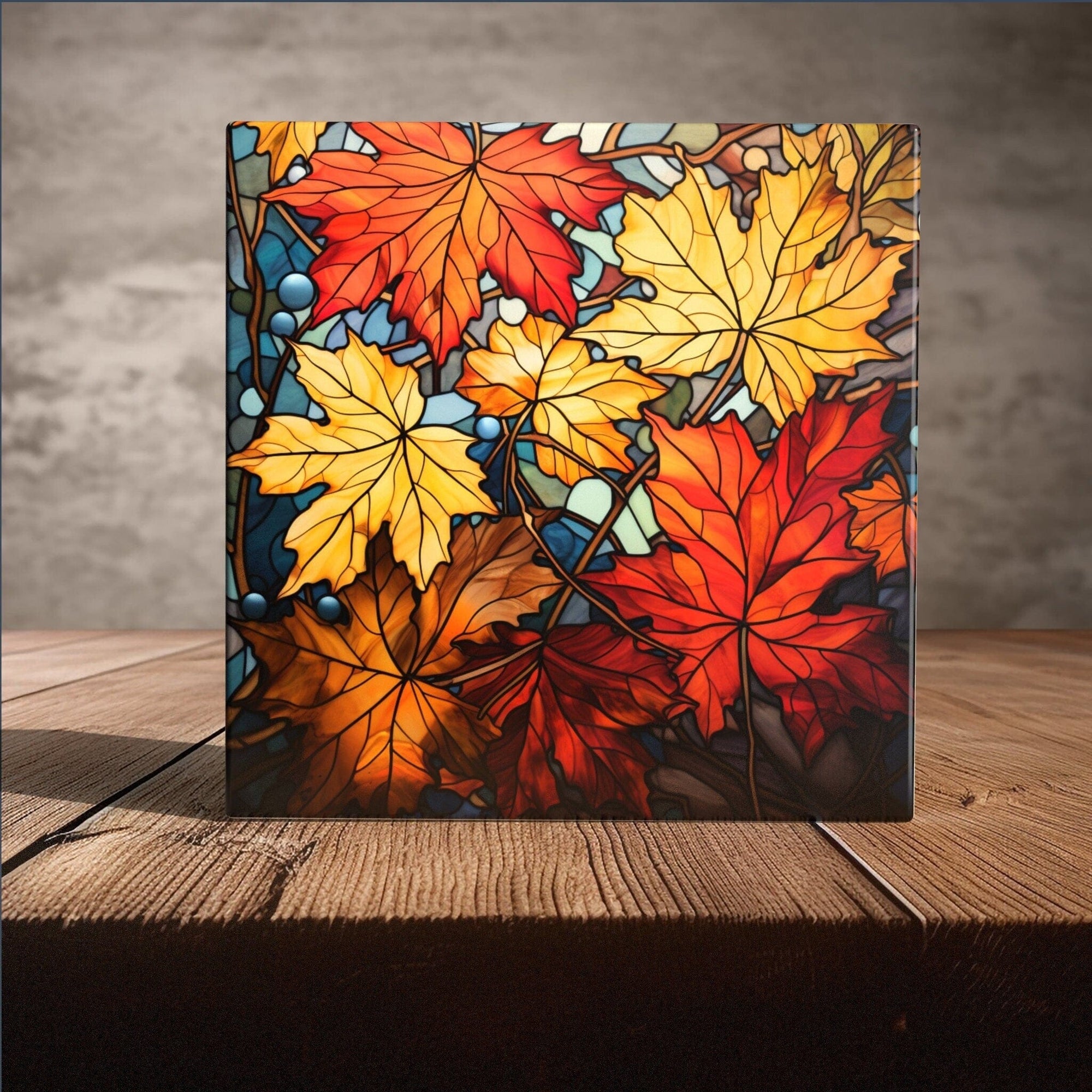 Peeping Tom's Cottage Custom Printed Tile Seasonal Symphony: Handcrafted Autumn-Inspired Stained Glass Leaf Tiles for Elegant Interiors