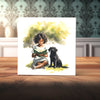 Peeping Tom's Cottage Custom Printed Tile Serene Reading Time Art Tile - Handcrafted Watercolor of Young Girl and Dog for Cozy Home Decor