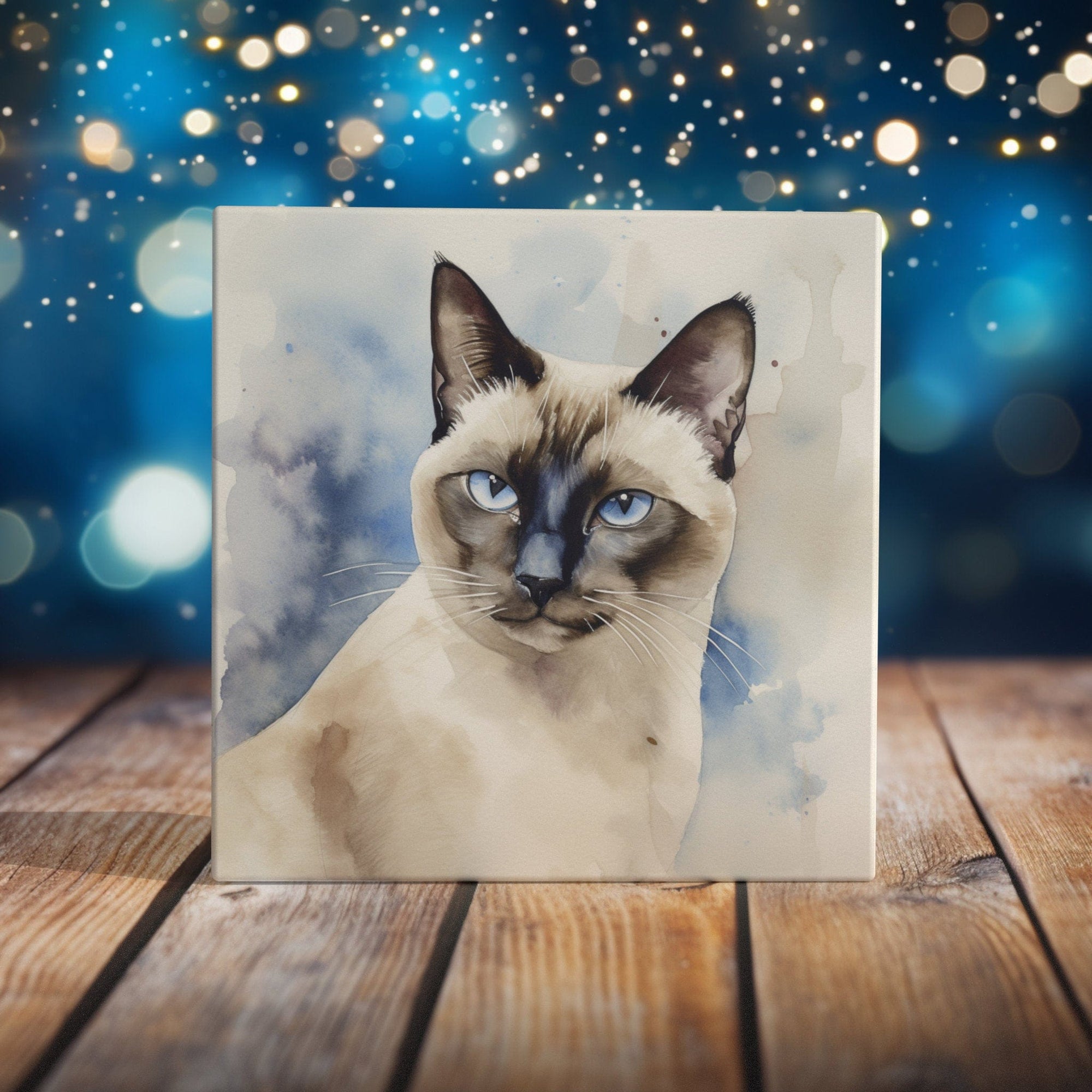 Peeping Tom's Cottage Custom Printed Tile Siamese Serenity - Watercolor Cat Portrait Art Tile for Home Decoration