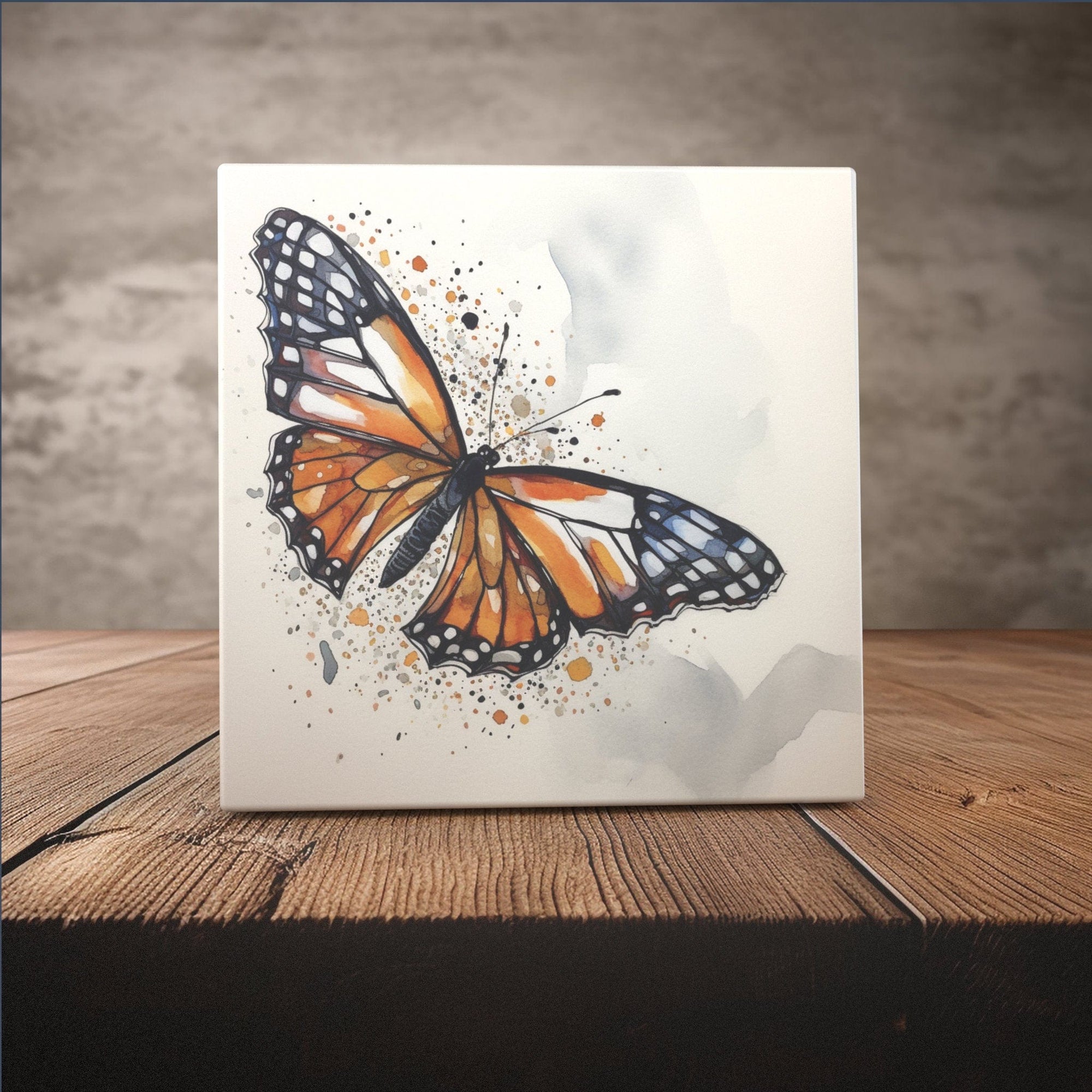 Peeping Tom's Cottage Custom Printed Tile Splatter Art Monarch Butterfly - Hand-crafted Ceramic Tile for Artistic Home Decor & Gifts