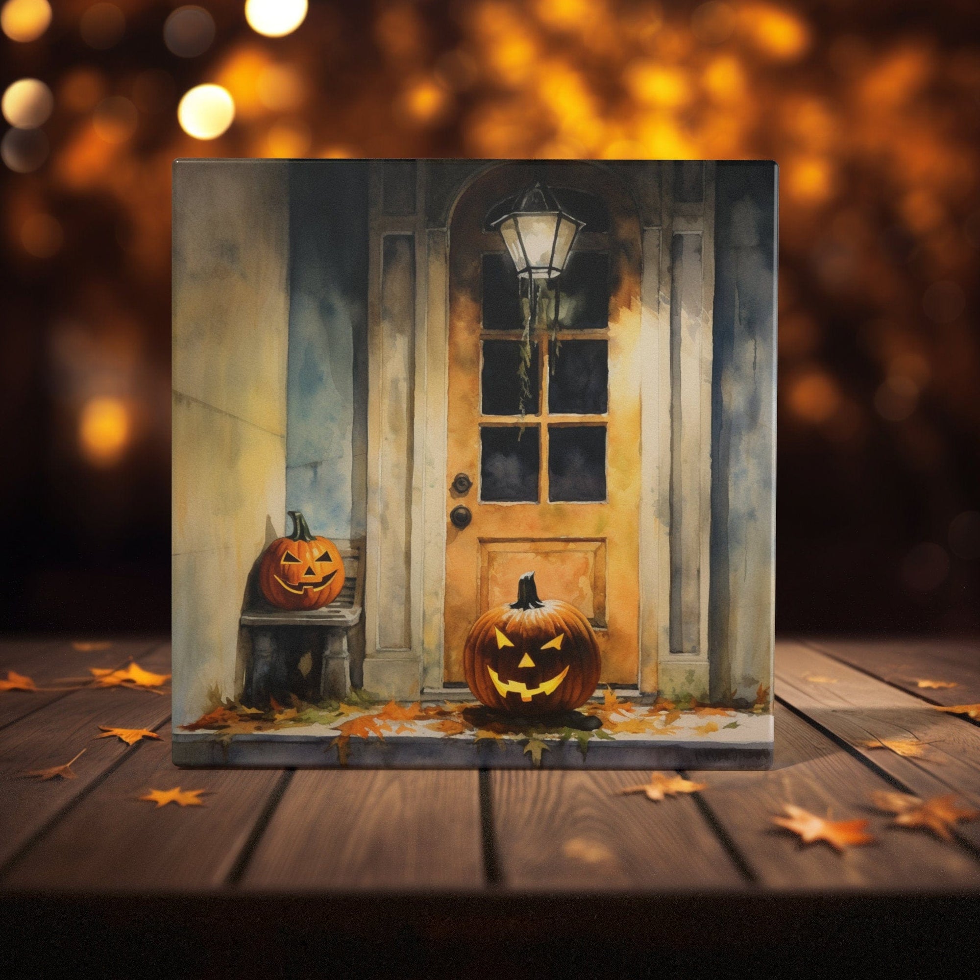 Peeping Tom's Cottage Custom Printed Tile Spooky Season Welcome: Charming Halloween Porch with Jack-O'-Lanterns Watercolor Tile