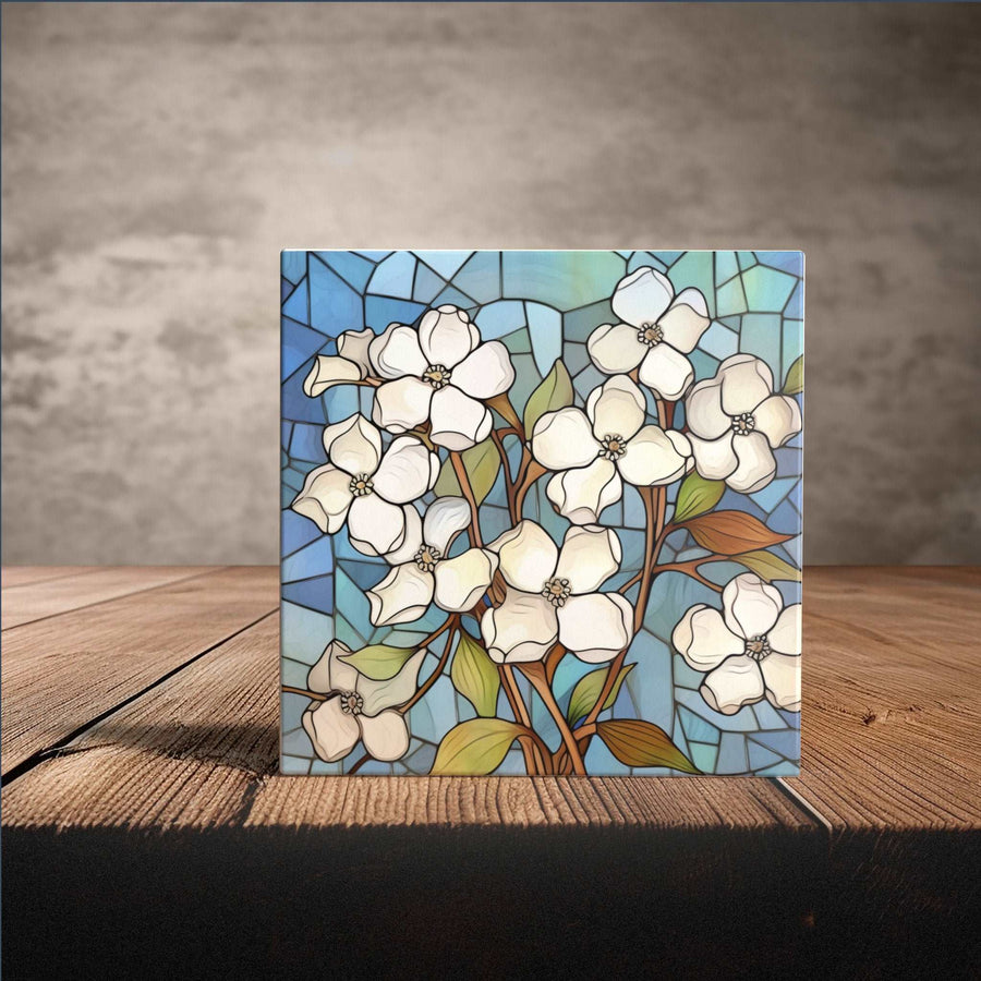 Peeping Tom's Cottage Custom Printed Tile Stained Glass Dogwood Blossoms Ceramic Tile - Elegant Home Accent