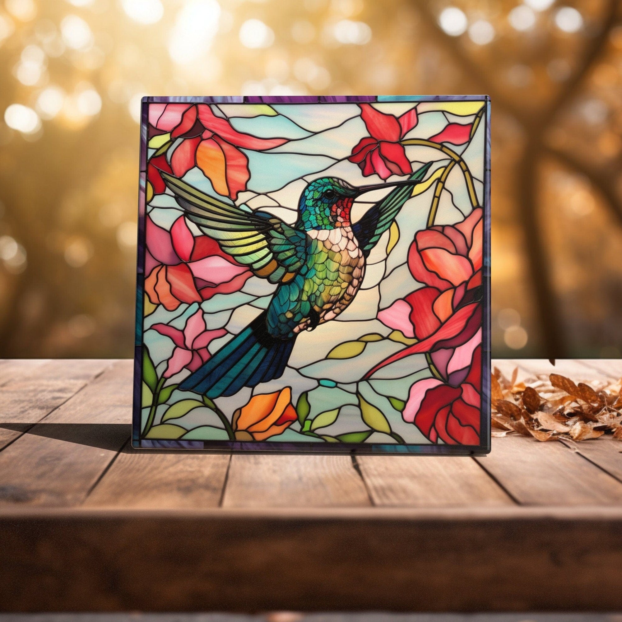 Peeping Tom's Cottage Custom Printed Tile Stained Glass Splendor - Green Hummingbird among Floral Art Tile for Vibrant Home Decor