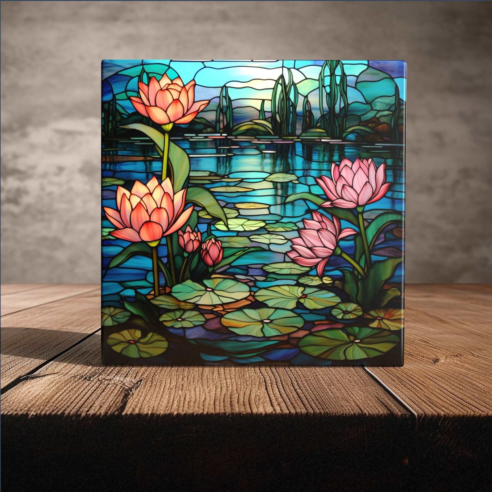 Peeping Tom's Cottage Custom Printed Tile Stained Glass Styled Lotus Pond Ceramic Tile - Tranquil Water Garden Decor