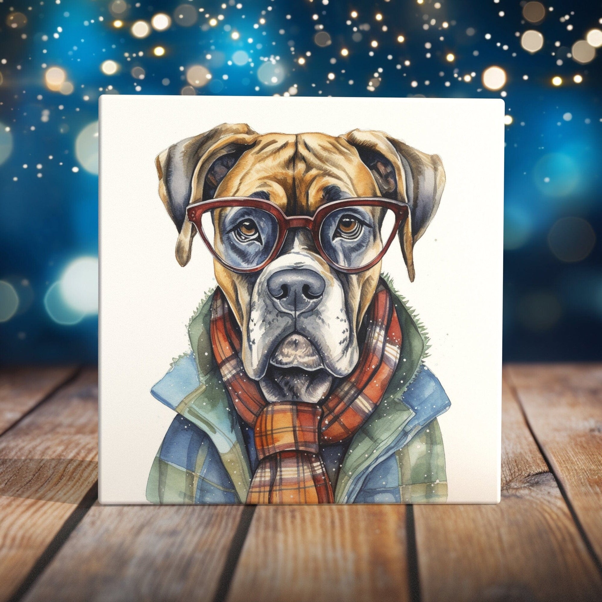 Peeping Tom's Cottage Custom Printed Tile Stylish Boxer in Glasses Art Tile - Quirky Hand-Crafted Dog Decor for Whimsical Home Styling