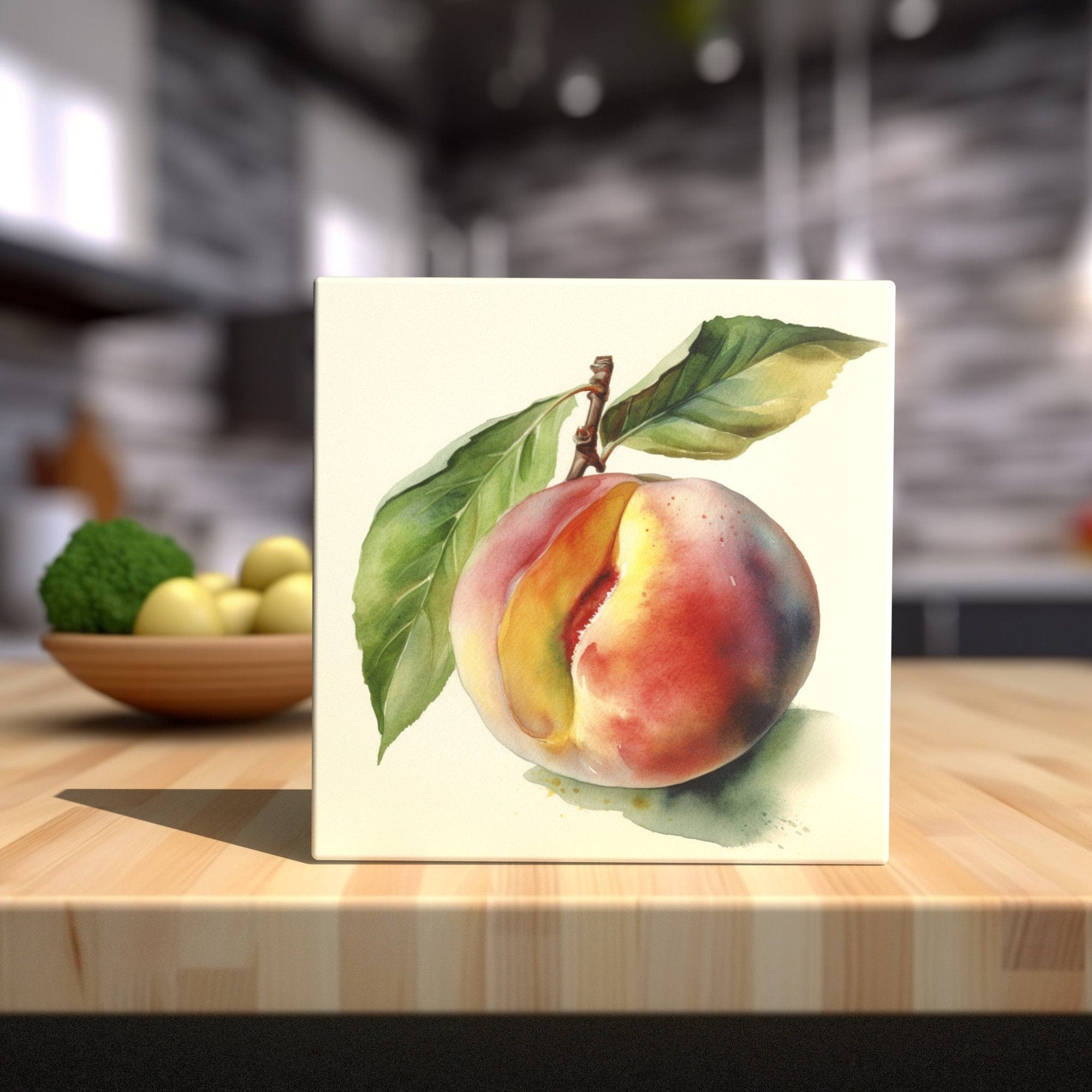 Peeping Tom's Cottage Custom Printed Tile Summer Orchard Essence: Hand-Painted Watercolor Peach Art Tile for Fresh and Vibrant Home Decor