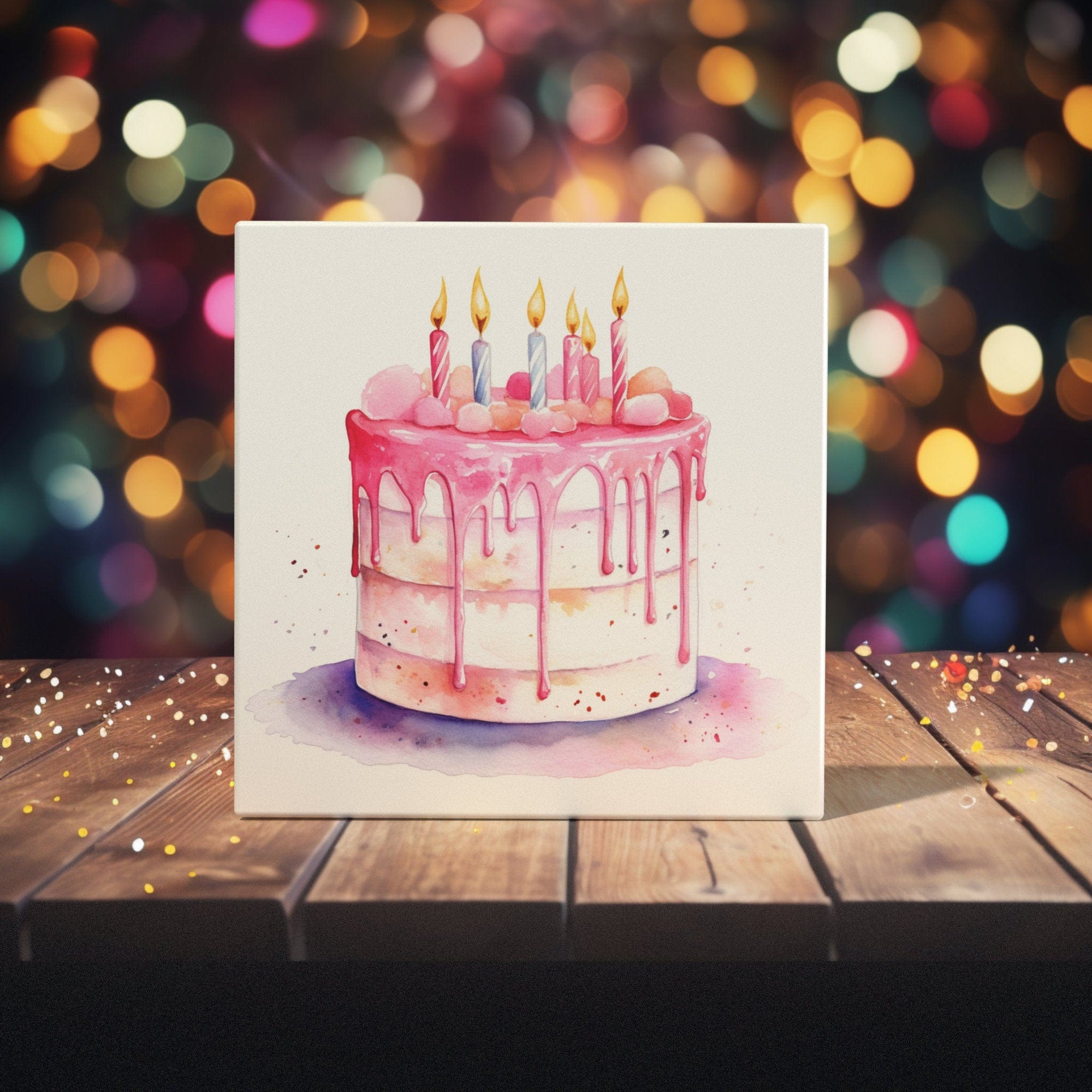 Peeping Tom's Cottage Custom Printed Tile Sweet Celebration: Hand-Painted Watercolor Birthday Cake Art Tile for Festive Home Decor