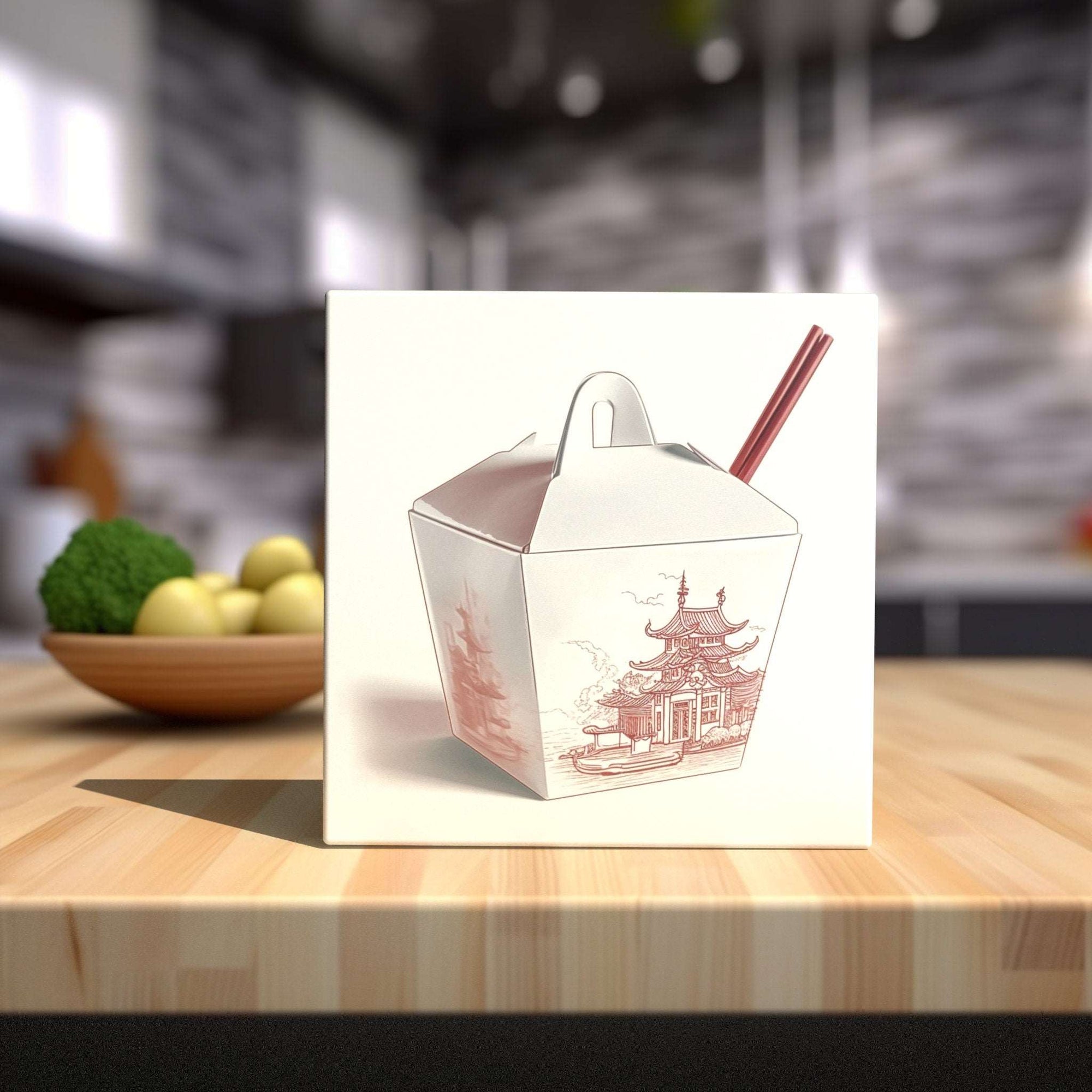 Peeping Tom's Cottage Custom Printed Tile Takeout Chic: Chinese Pagoda Ceramic Tile - Kitchen Decor Accent