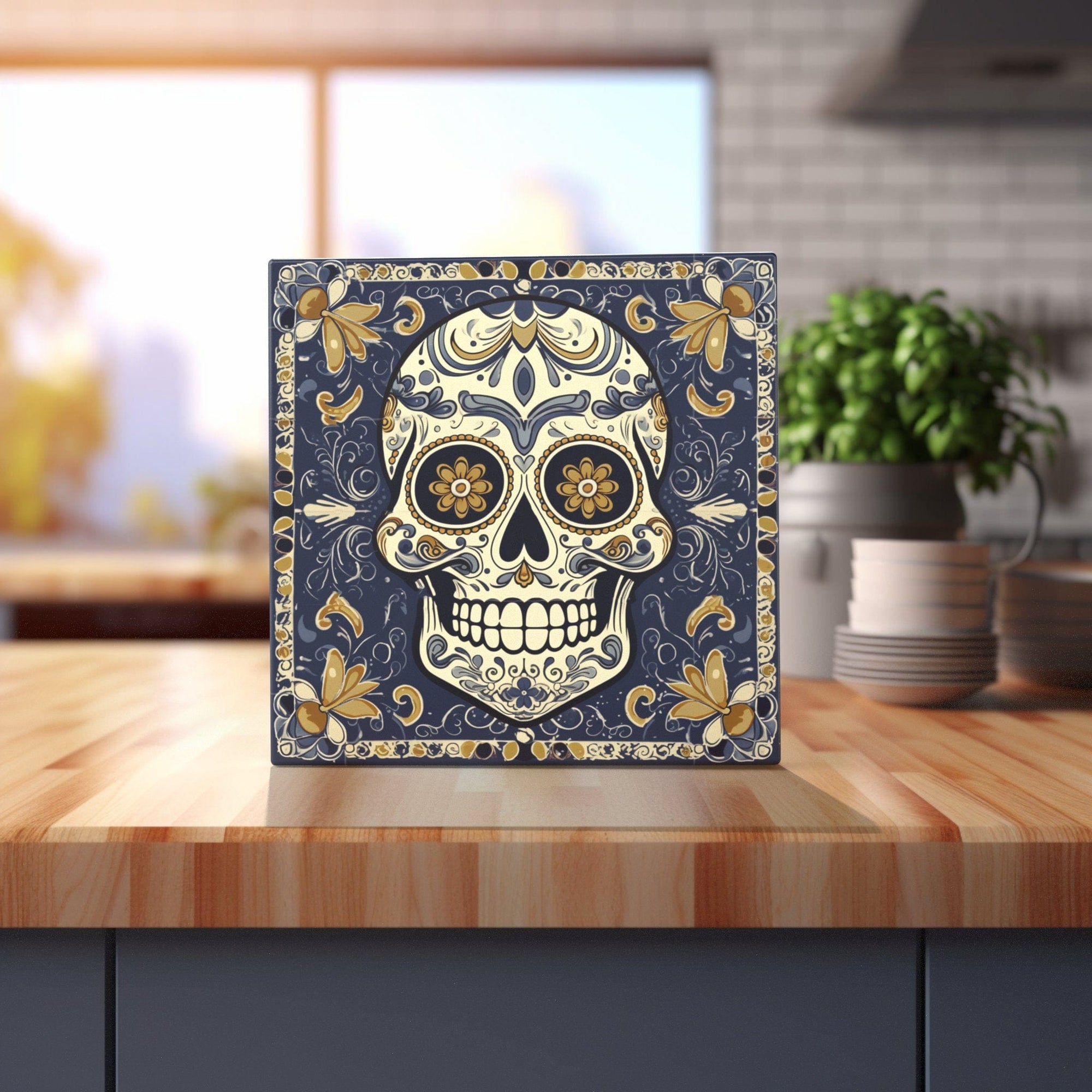 Peeping Tom's Cottage Custom Printed Tile Traditional Talavera Skull Tile: Artisanal Hand-Crafted Blue and Gold Home Decor Accent