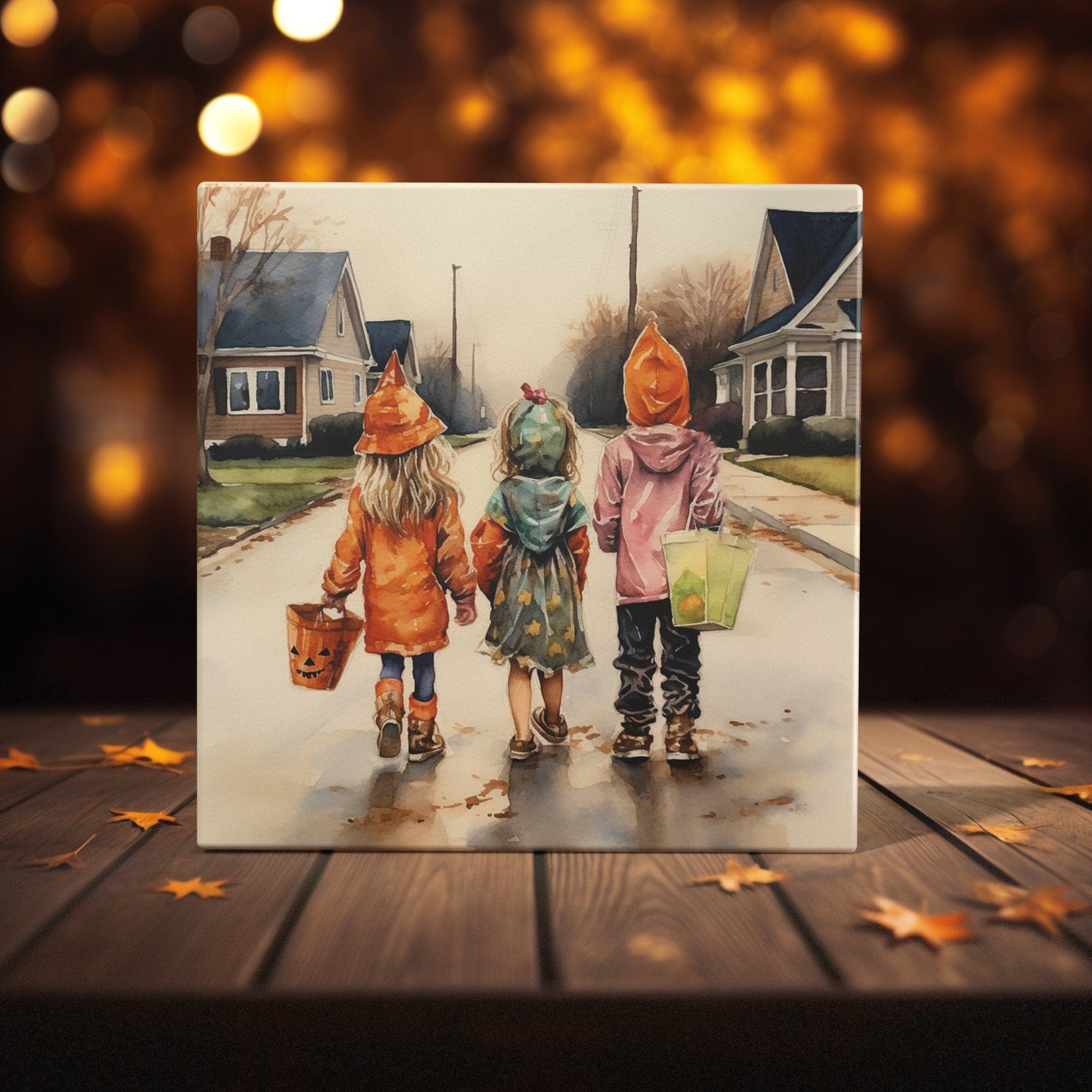 Peeping Tom's Cottage Custom Printed Tile Trick-or-Treat Adventure: Handcrafted Watercolor Art Tile Depicting Halloween Evening for Festive Home Decor