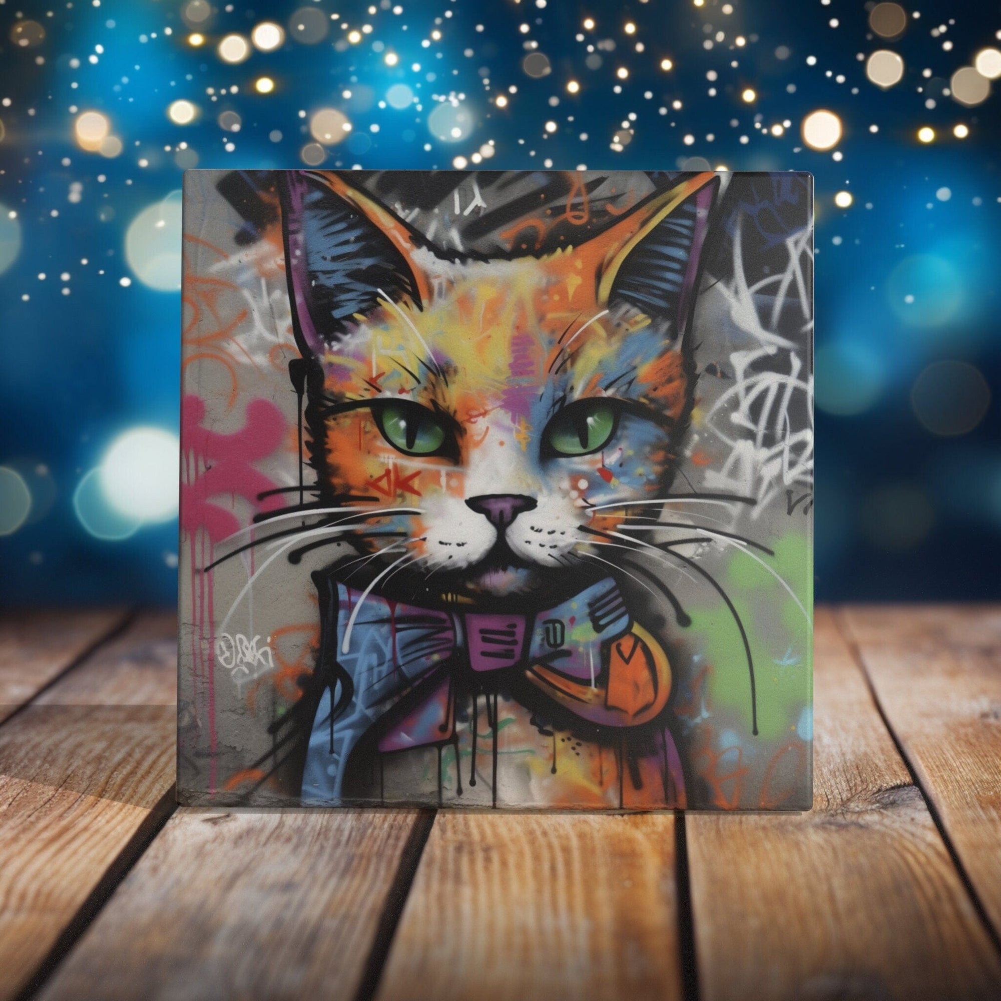 Peeping Tom's Cottage Custom Printed Tile Urban Chic Graffiti Cat Art Tile - Bold and Colorful Street Art Style Feline Decor
