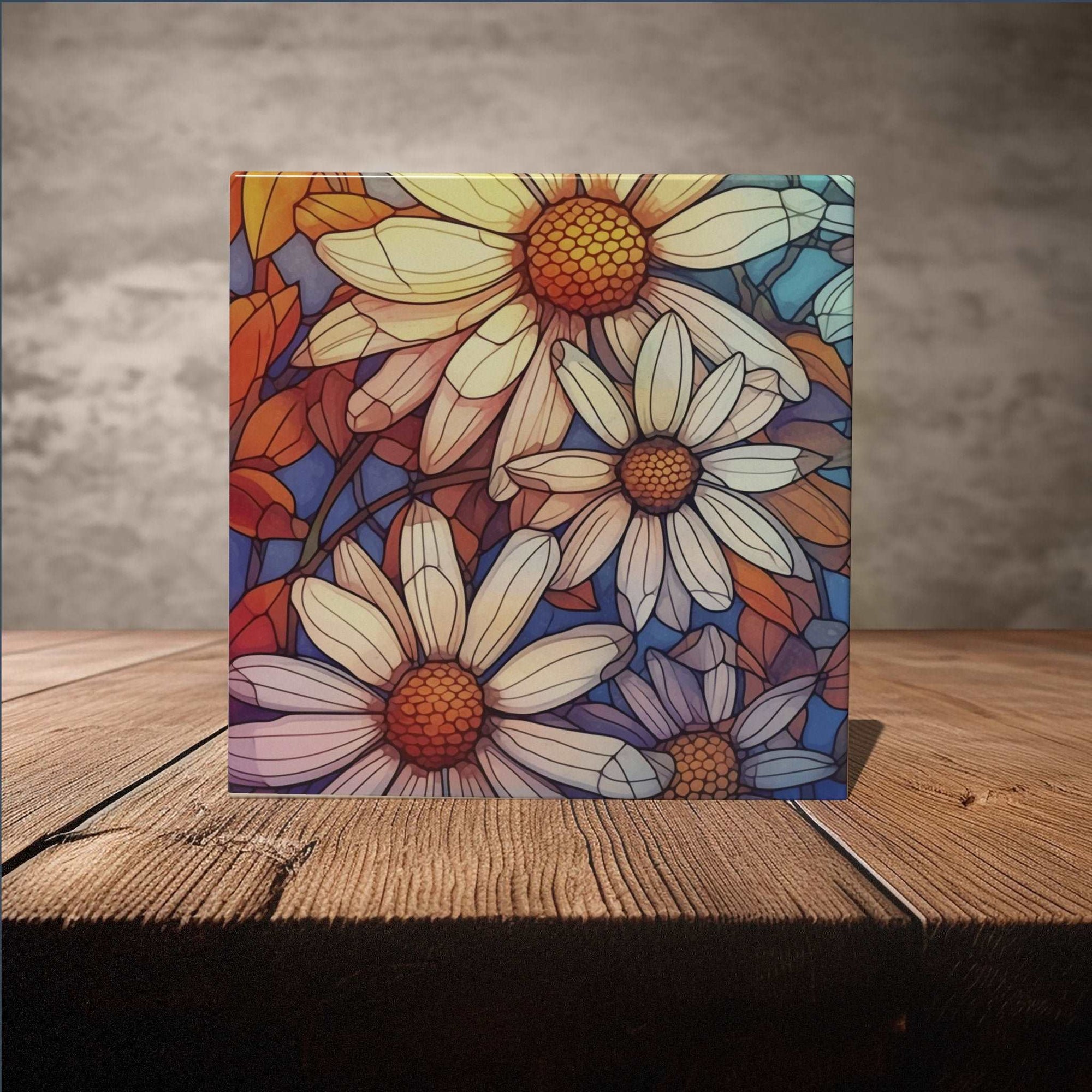Peeping Tom's Cottage Custom Printed Tile Vibrant Daisy Mosaic - Stained Glass Style Ceramic Tile - Whimsical Floral Decor