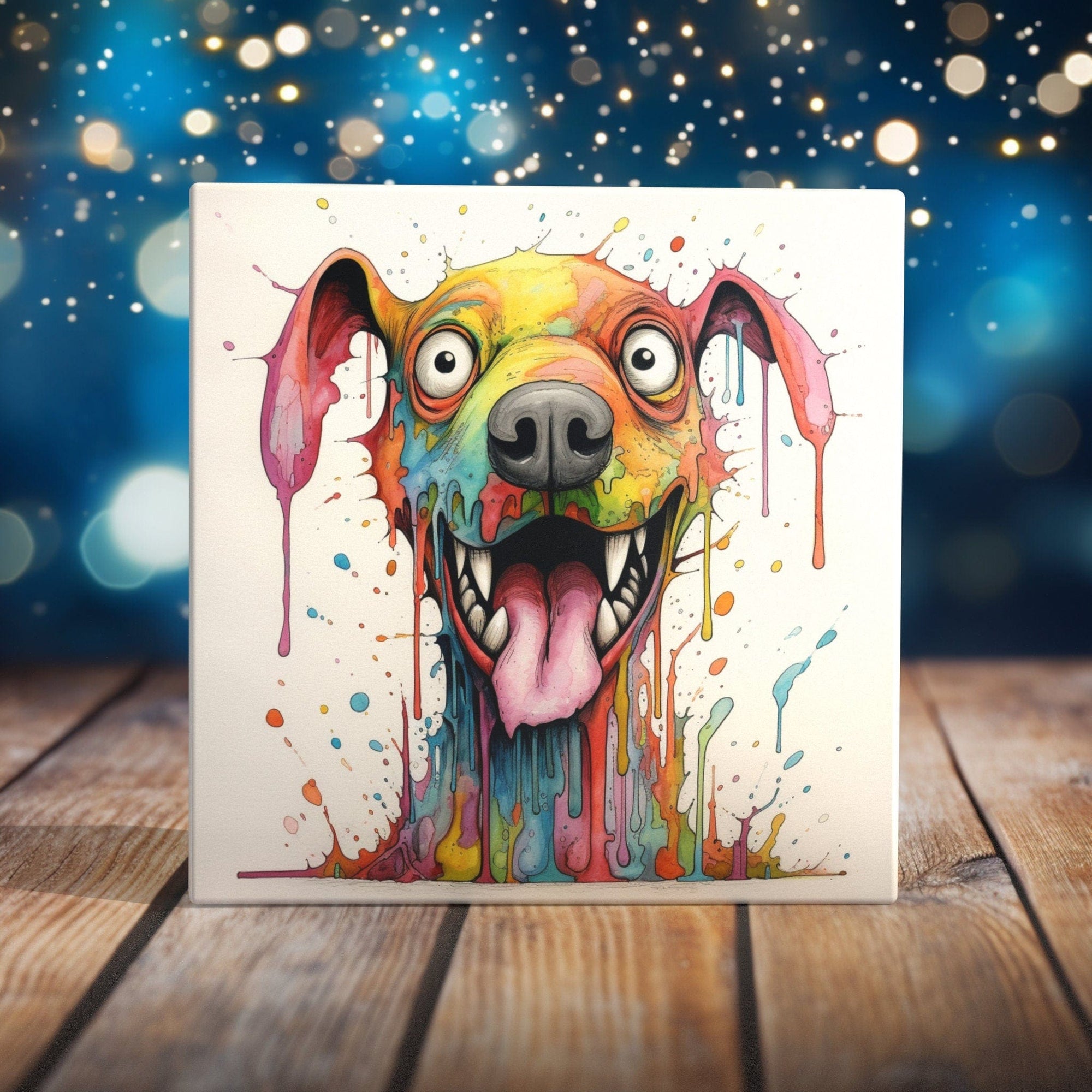 Peeping Tom's Cottage Custom Printed Tile Vibrant Melting Colors Dog Portrait Tile - Whimsical Abstract Canine Art for Modern Home Decor