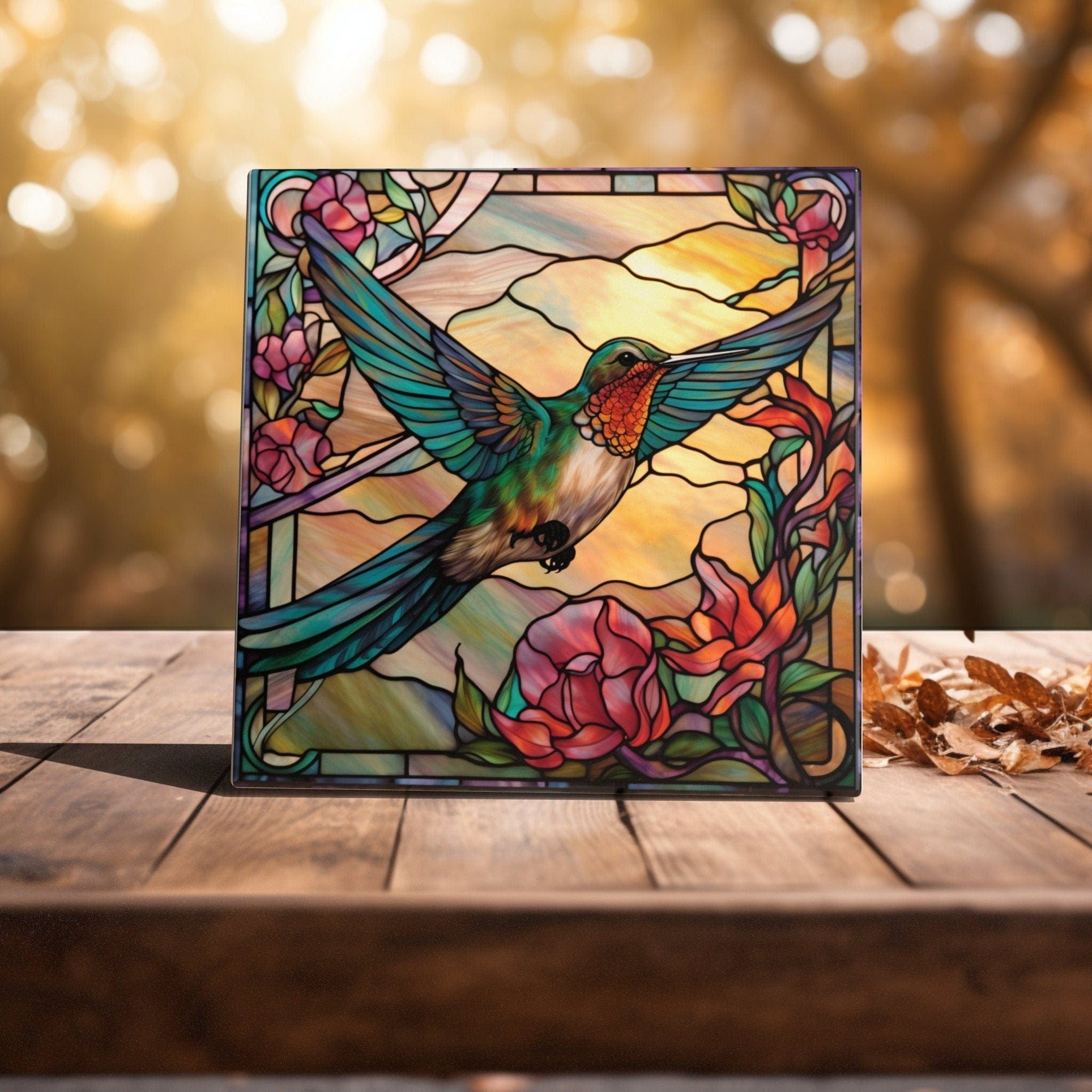 Peeping Tom's Cottage Custom Printed Tile Vibrant Nectar - Hummingbird Stained Glass Art Tile for Enchanting Natural Decor