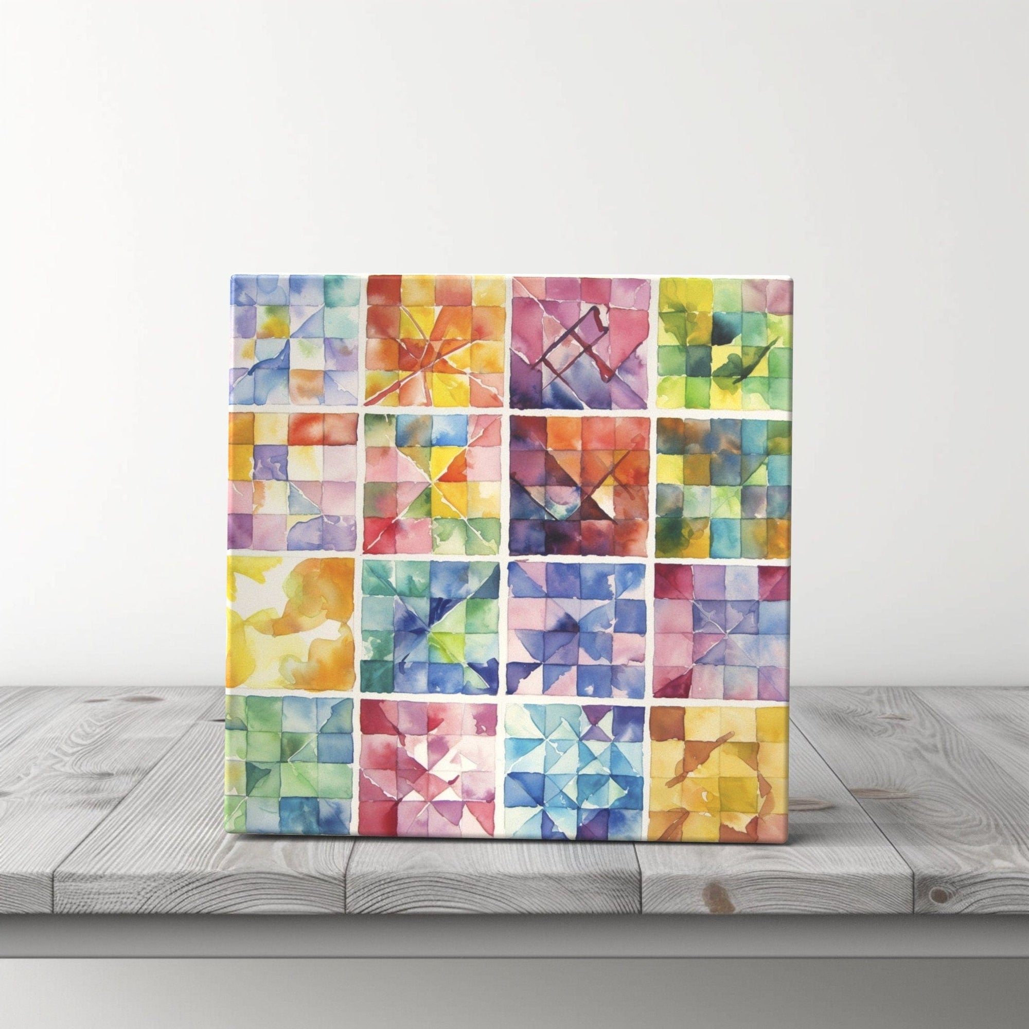 Peeping Tom's Cottage Custom Printed Tile Vibrant Watercolor Quilt Pattern Ceramic Tile - Handcrafted Artistic Home Accent