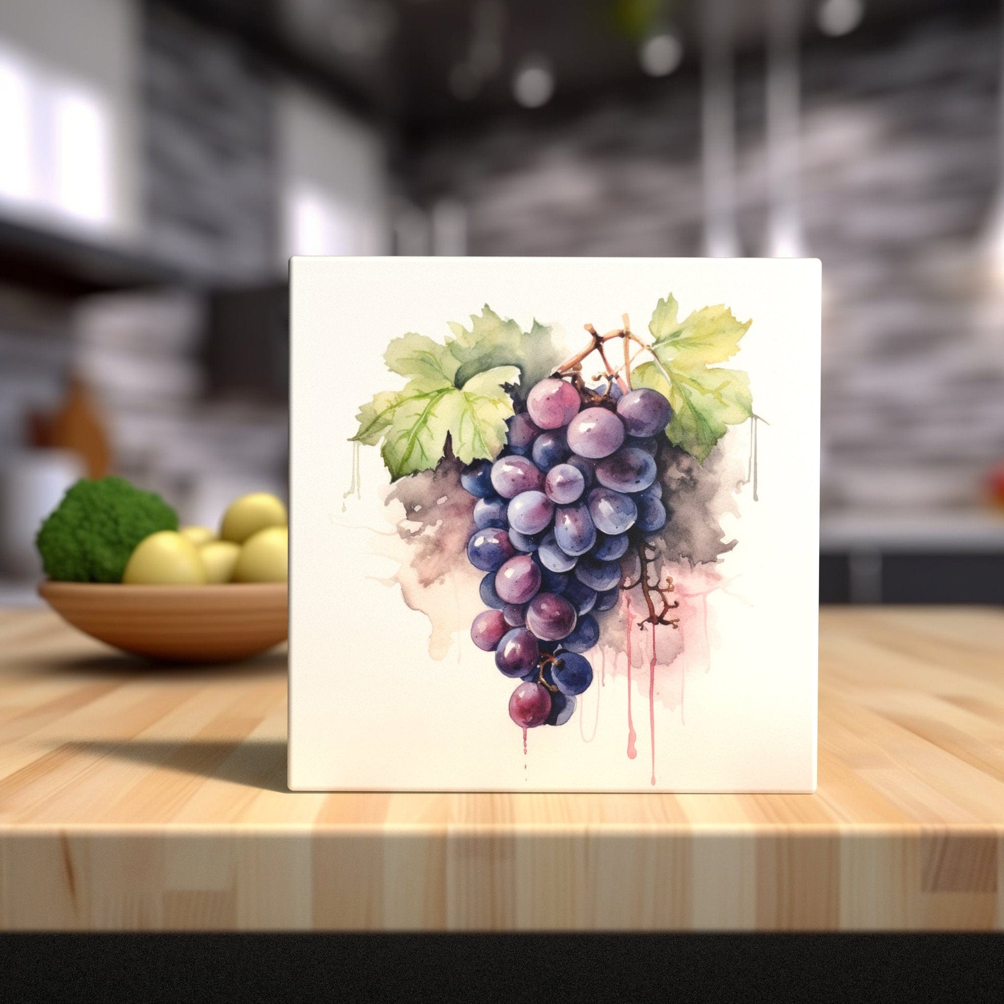 Peeping Tom's Cottage Custom Printed Tile Vineyard Elegance: Hand-Painted Watercolor Grape Cluster Art Tile for Wine Enthusiasts' Home Decor