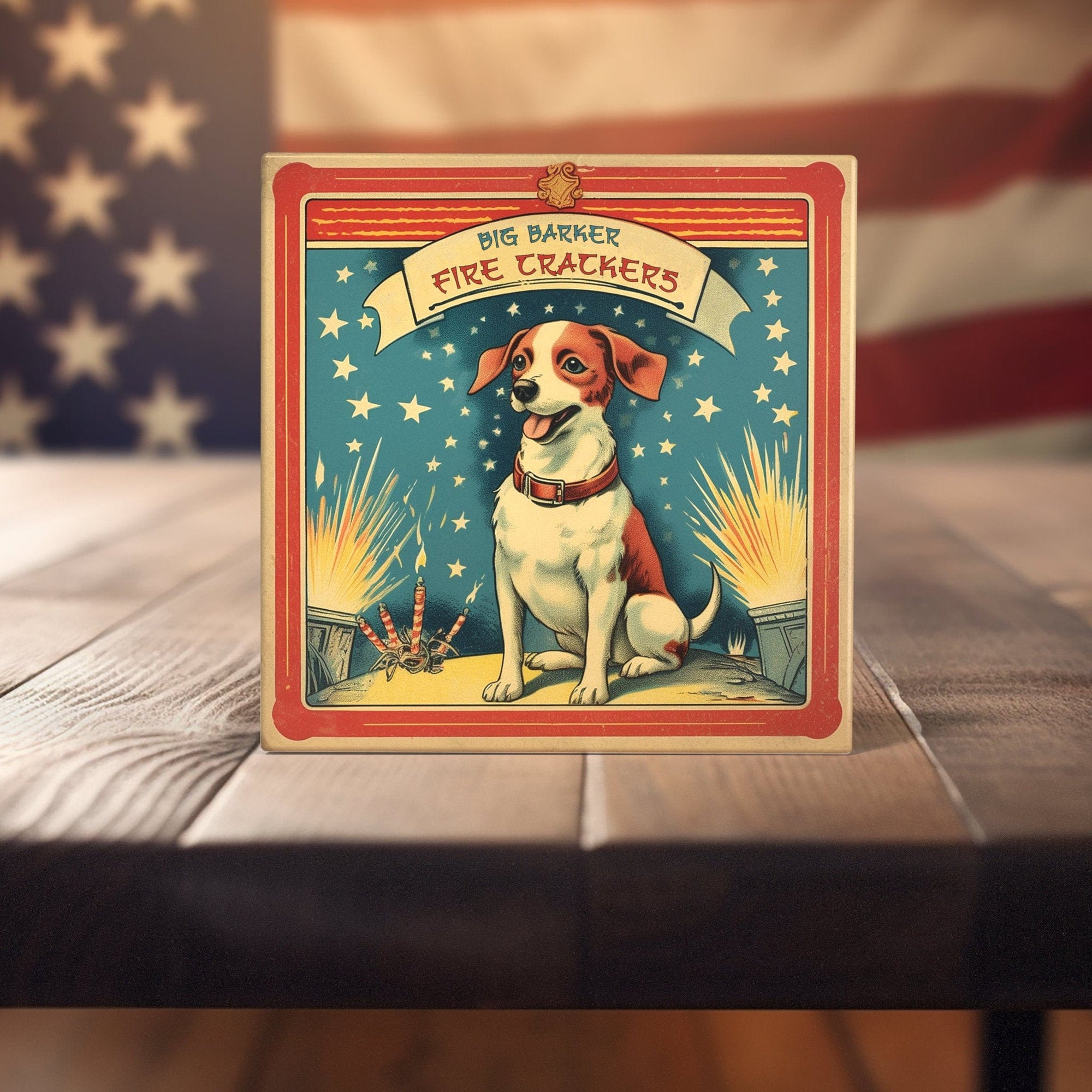 Peeping Tom's Cottage Custom Printed Tile Vintage Canine Firecracker Art Tile - Retro-Style Dog with Fireworks for Unique Americana Home Decor