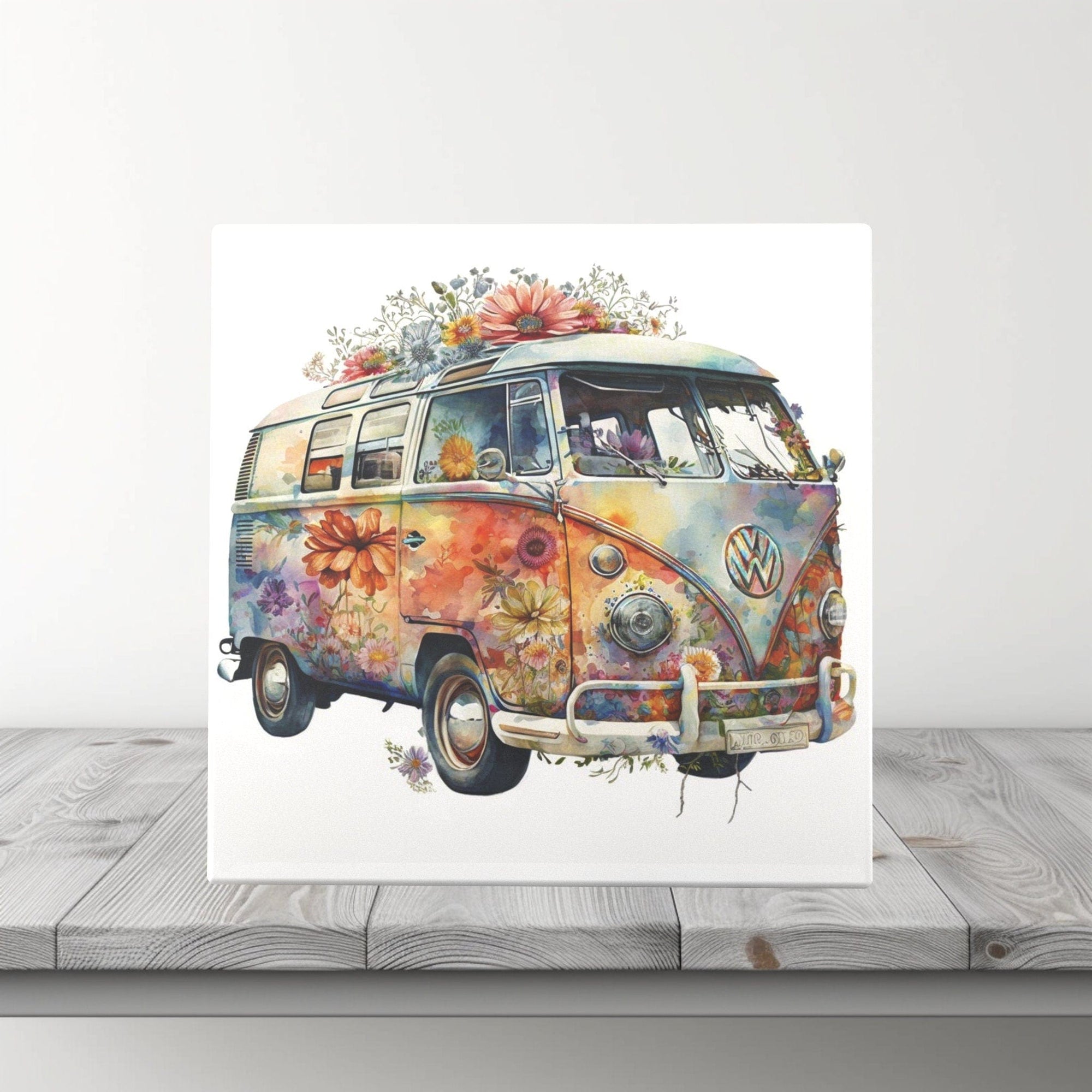 Peeping Tom's Cottage Custom Printed Tile Vintage Florals on Wheels - Hand-Painted Hippie Van Ceramic Tile for Bohemian Home Decor
