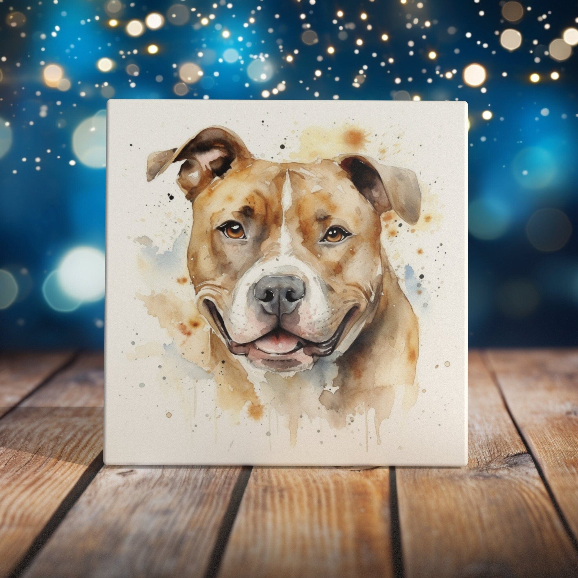 Peeping Tom's Cottage Custom Printed Tile Warm and Friendly Pitt Bull Watercolor Art Tile - Expressive Pet Portrait for Home Decoration