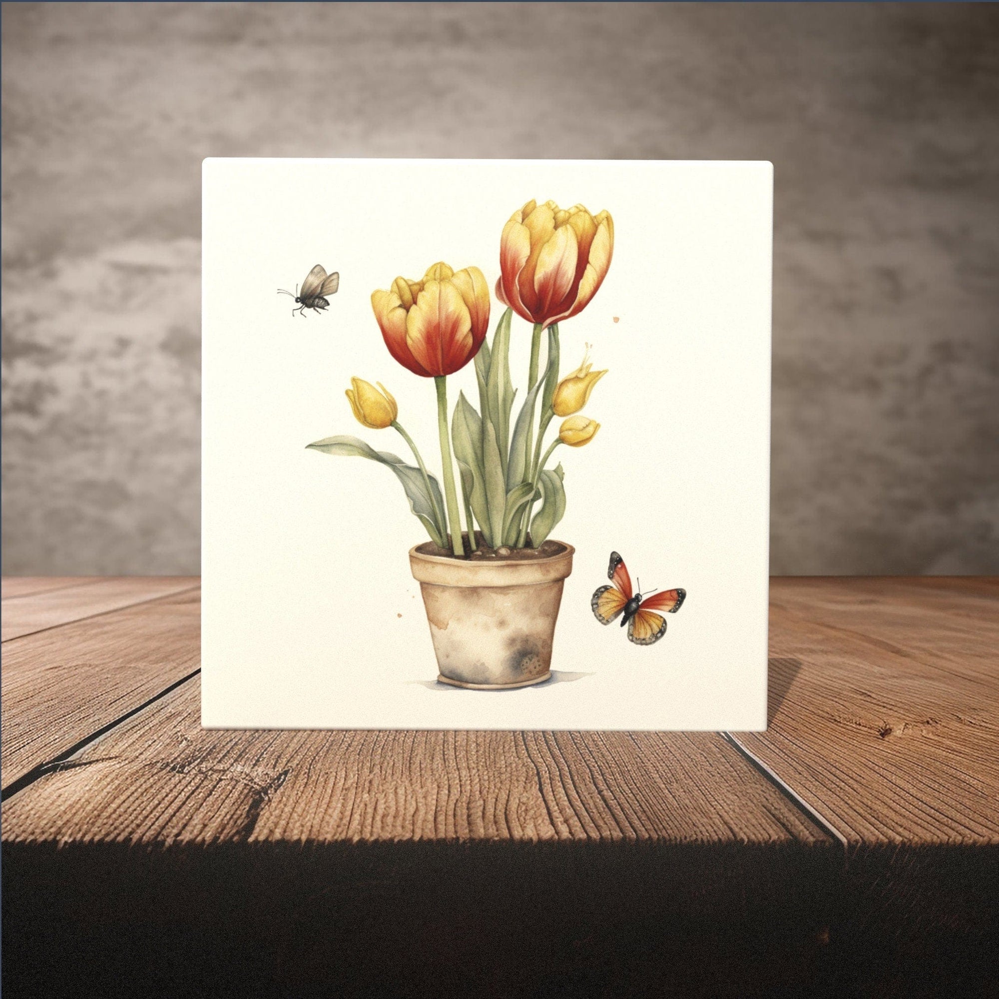Peeping Tom's Cottage Custom Printed Tile Watercolor Tulips and Butterfly Ceramic Tile - Botanical Illustration Home Decor for Spring Season