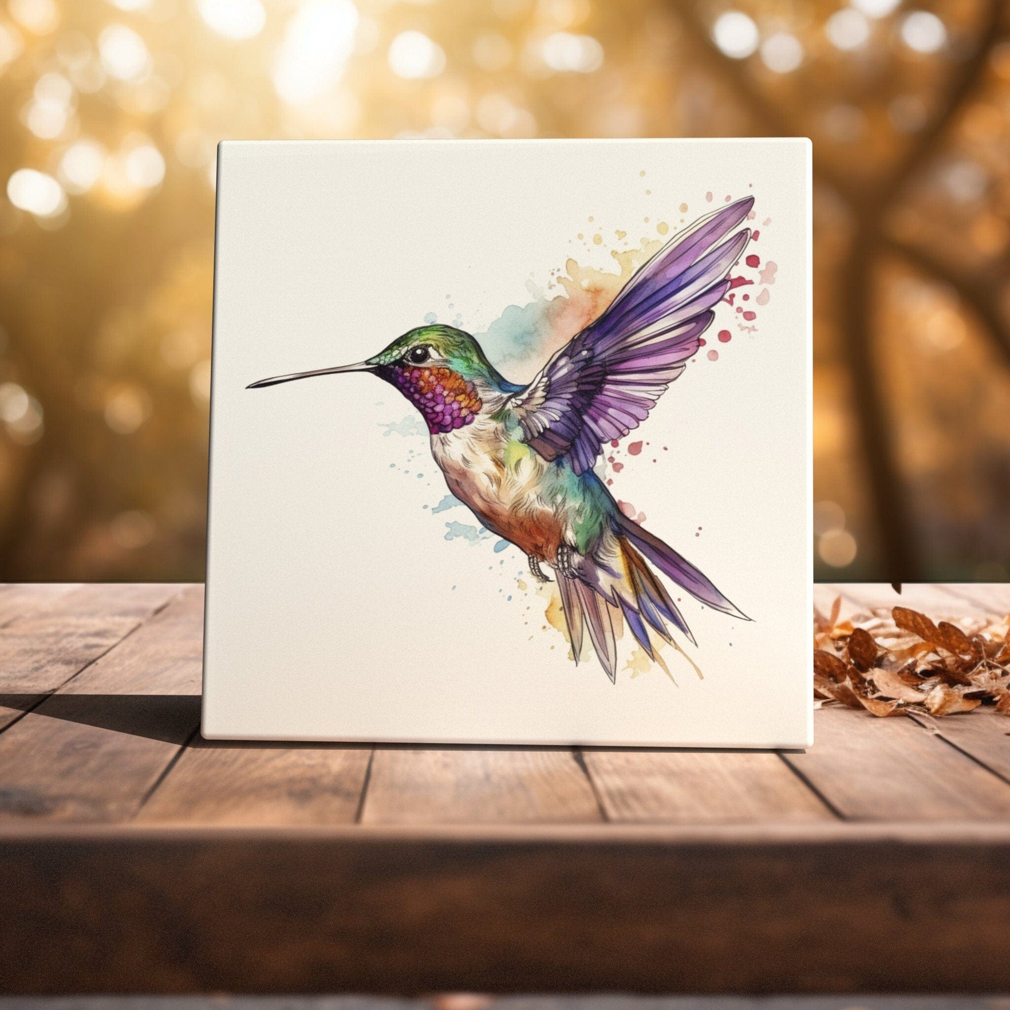 Peeping Tom's Cottage Custom Printed Tile Watercolor Whimsy - Purple Hummingbird in Flight Art Tile for Delightful Decor