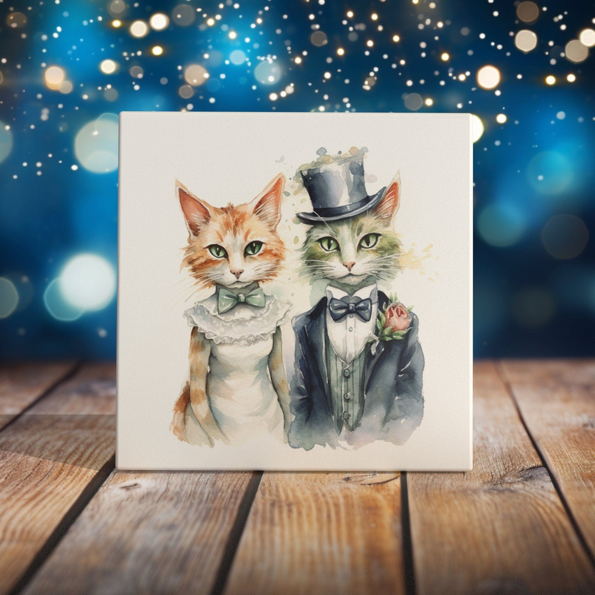 Peeping Tom's Cottage Custom Printed Tile Wedded Bliss Feline Art Tile - Enchanting Watercolor Painting of Cat Couple in Formal Attire for Home Decor