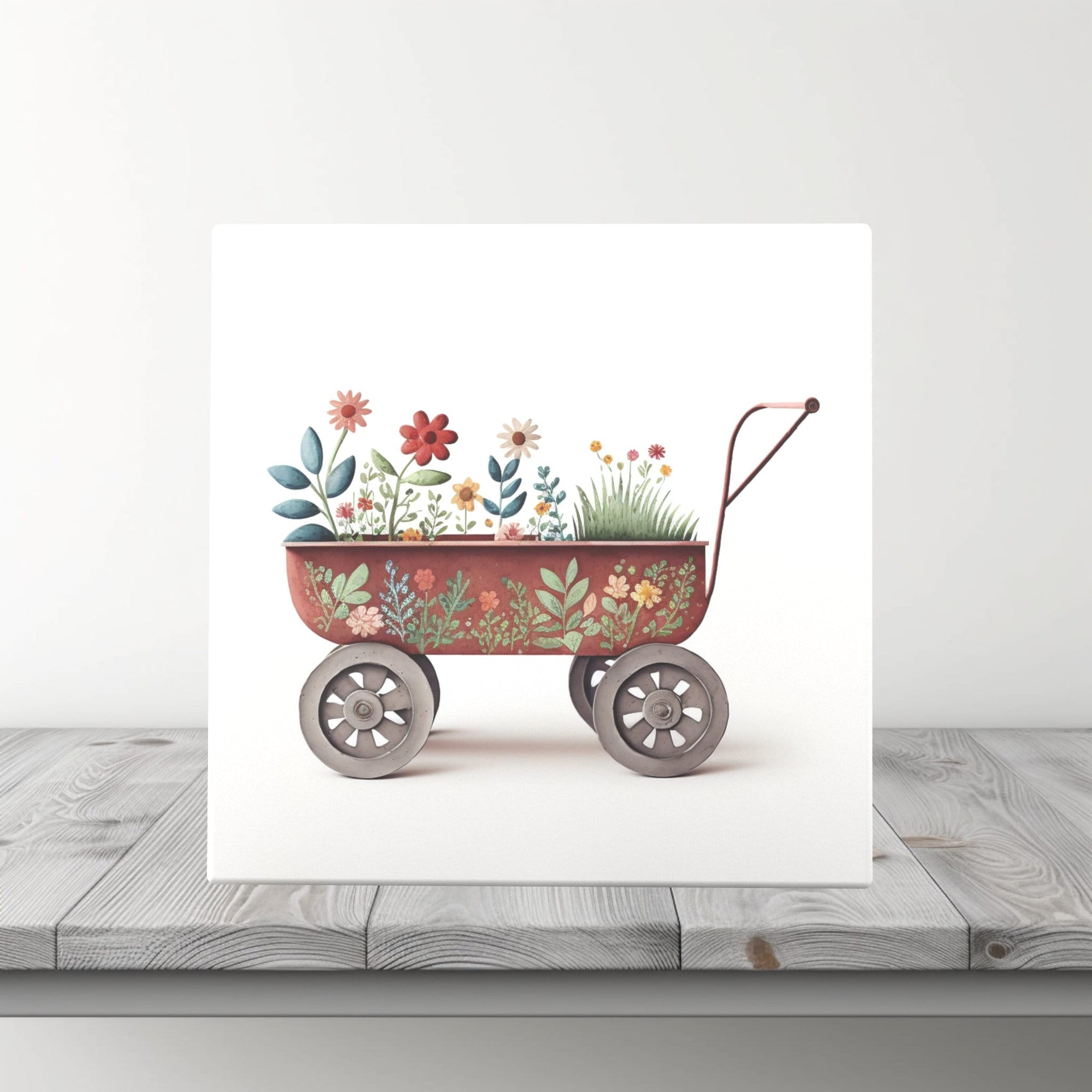 Peeping Tom's Cottage Custom Printed Tile Whimsical Garden Cart: Hand-Painted Artistic Tile with Floral Design for Home Decoration