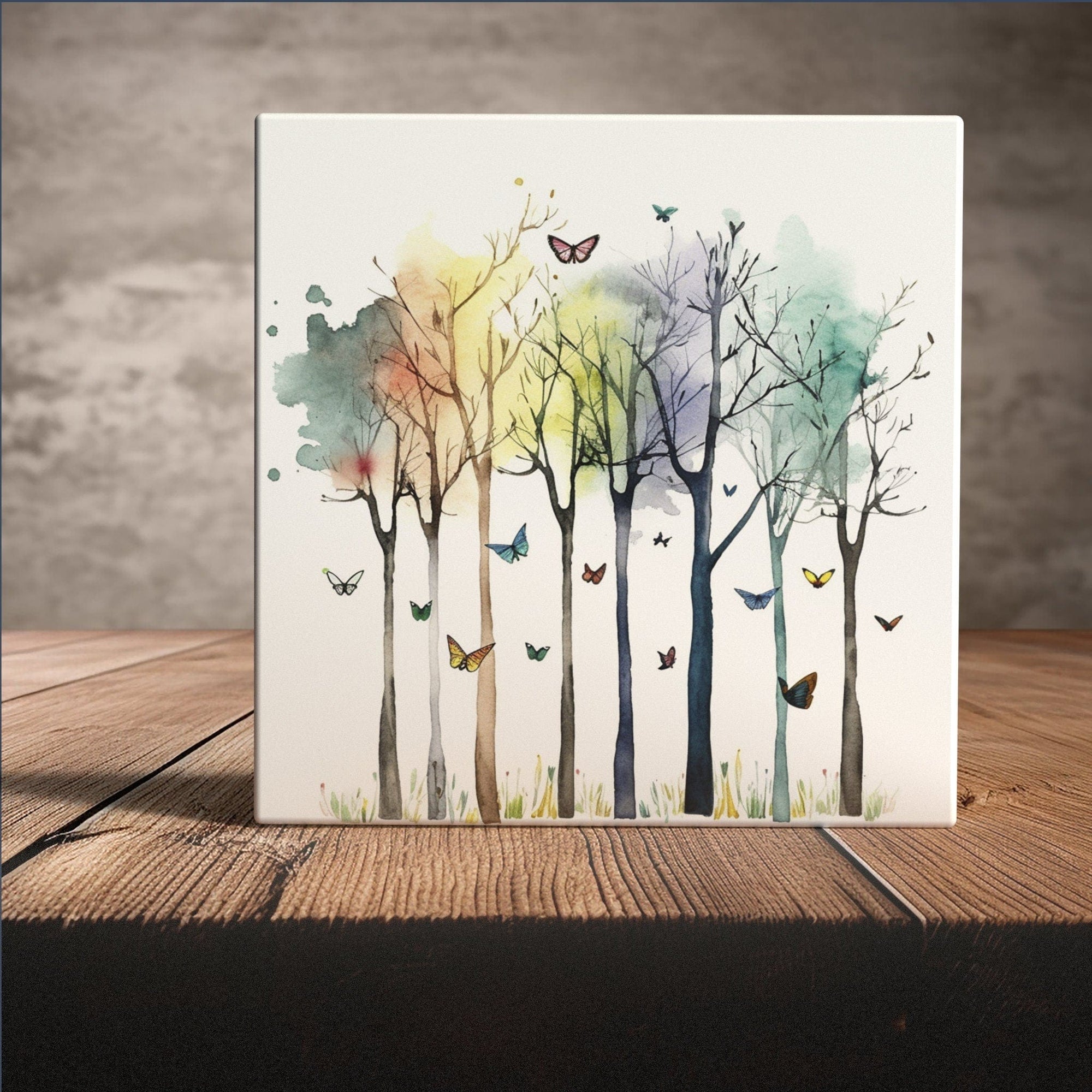 Peeping Tom's Cottage Custom Printed Tile Whimsical Woodland Reverie - Watercolor Butterfly Forest Artistic Tile
