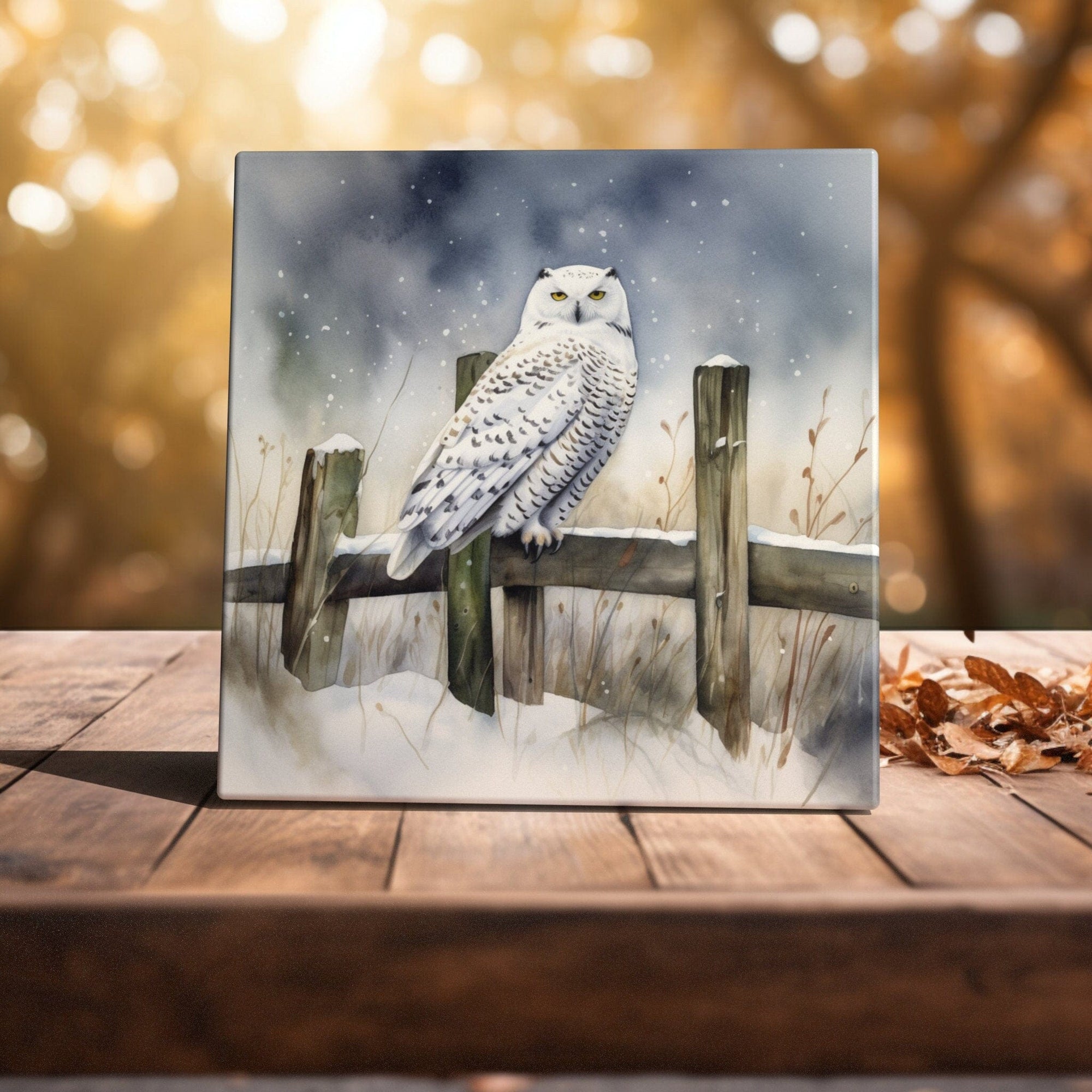 Peeping Tom's Cottage Custom Printed Tile Winter's Sentinel - Snowy Owl Watercolor Art Tile for Serene Home Decor